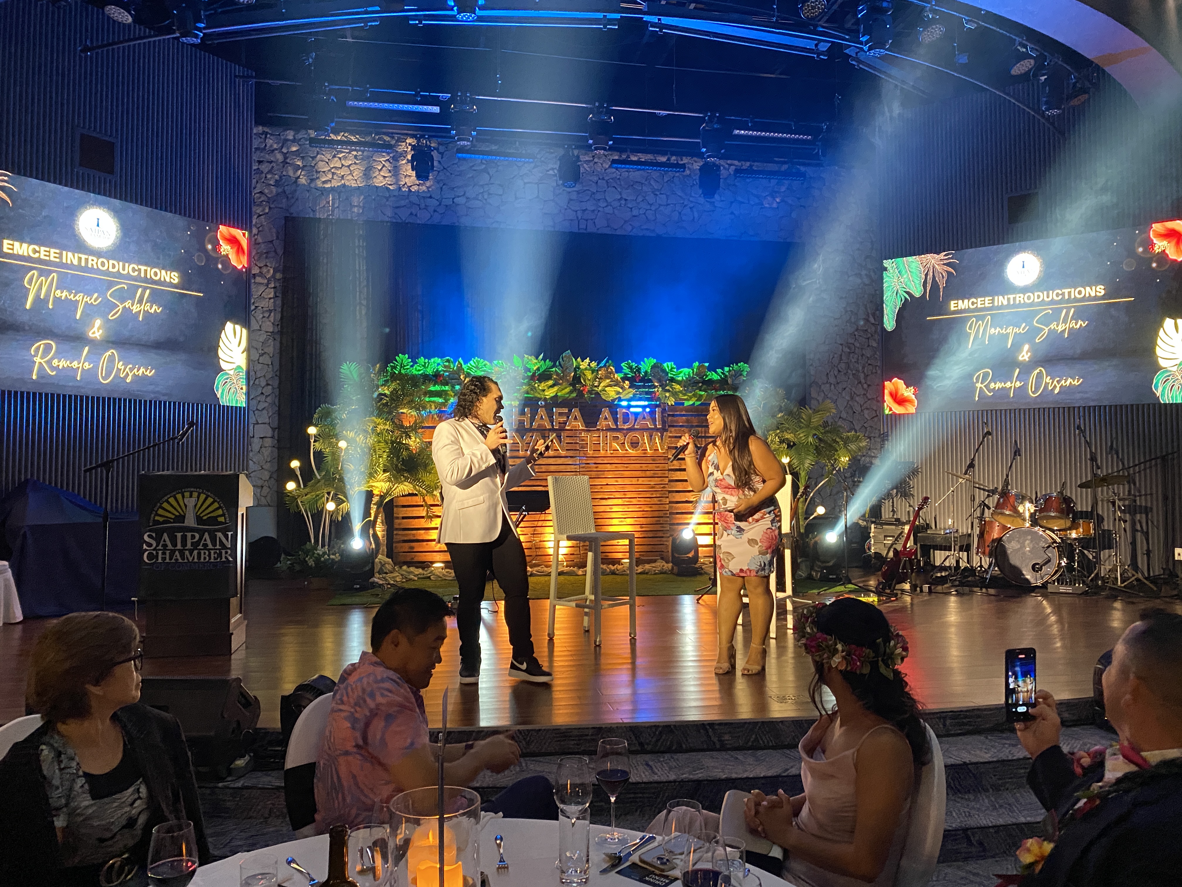 Gala hosts Romolo Orsini, left, and Monique Sablan perform a comedic musical number at the start of the evening.