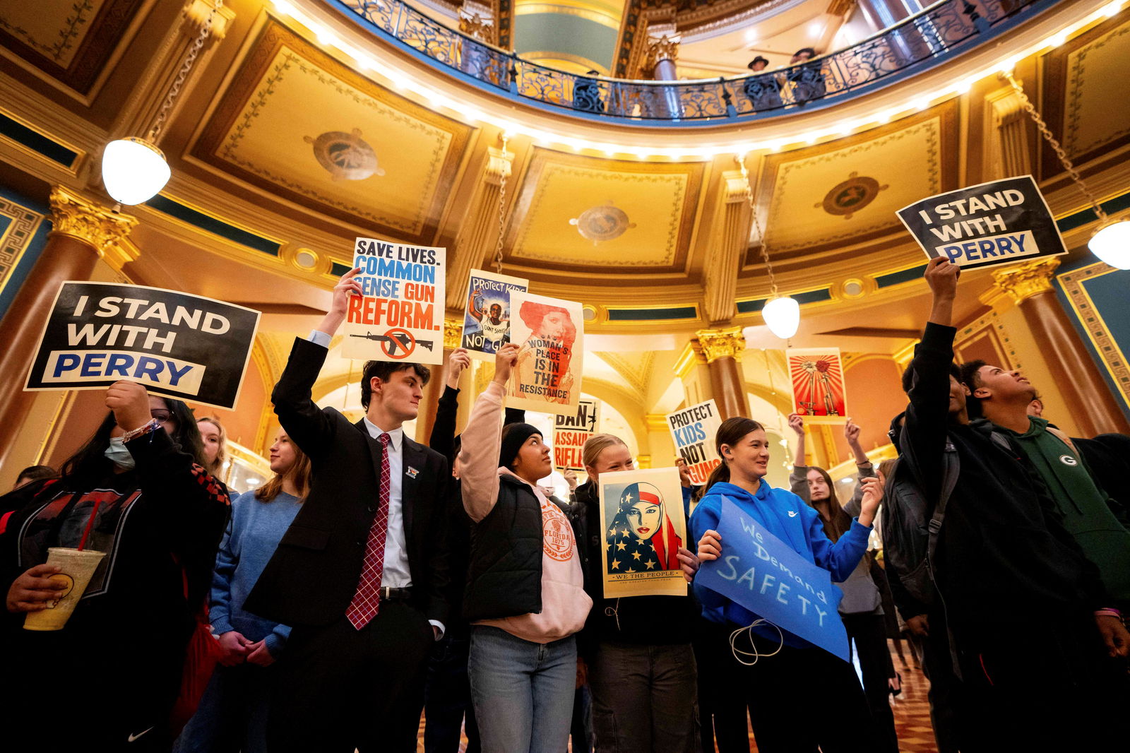 Nearly three hundred high school students gather at the state capitol to call for gun legislation in the wake of last week's shooting at Perry High School, in Des Moines, Iowa, U.S. January 8, 2024. 