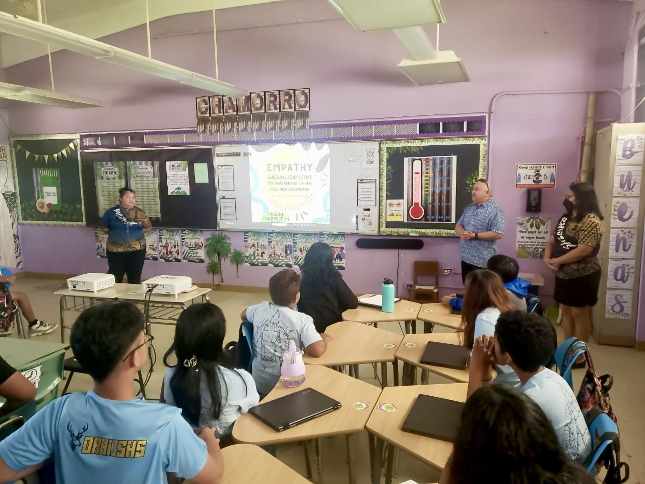 At Dr. Rita Hocog Inos Junior-Senior High School, the Chamorro and Carolinian Language and Heritage Studies class of Therese Manalang was visited by Commissioner of Education Dr. Lawrence F. Camacho, who was accompanied by Principal Annette Calvo.