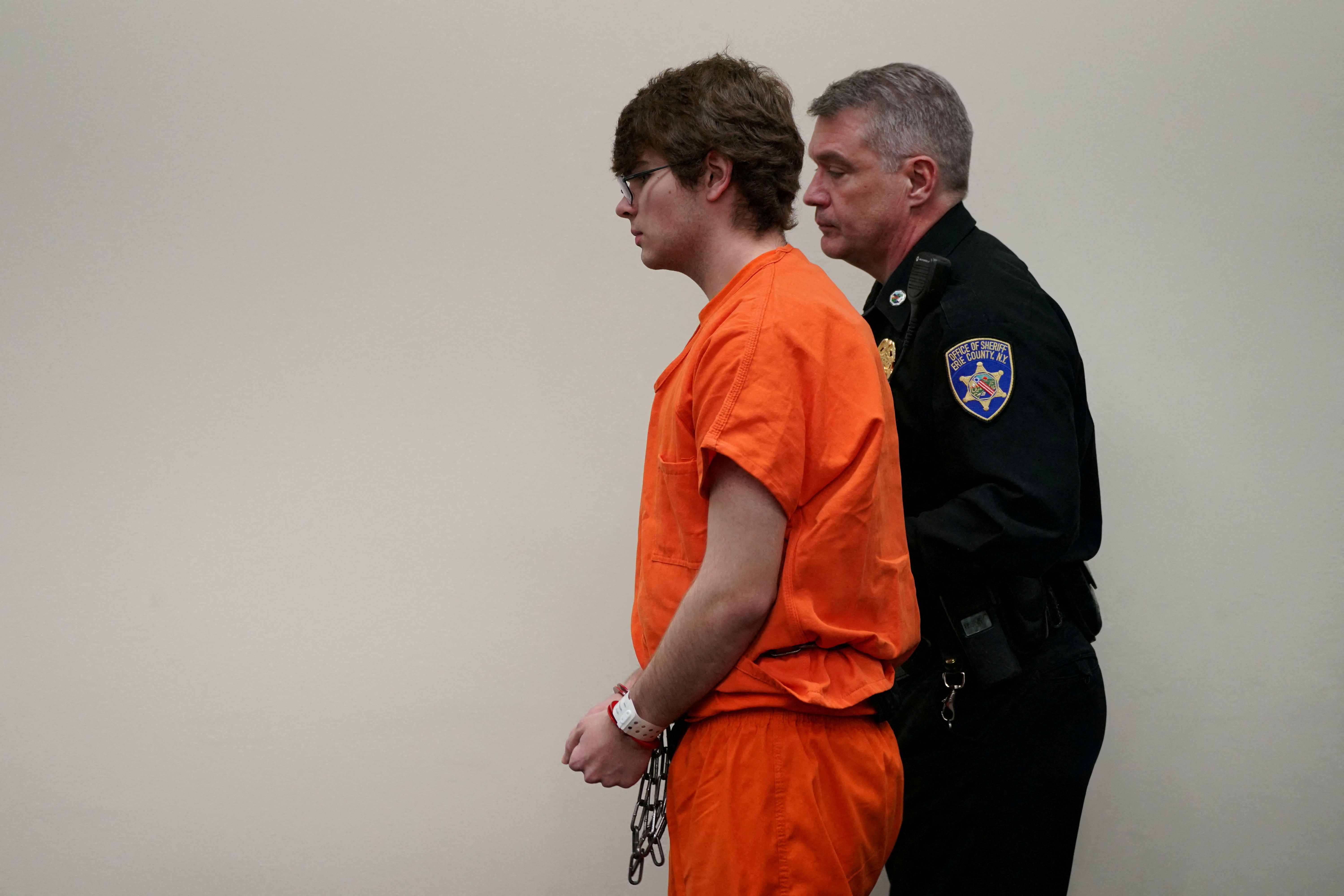 Tops gunman Payton Gendron is escorted out of the courtroom after he was sentenced to life in prison without parole for domestic terrorism motivated by hate and each of the 10 counts of first-degree murder by Erie County Court Judge Susan Eagan, in Buffalo, NY, U.S., February 15, 2023. 