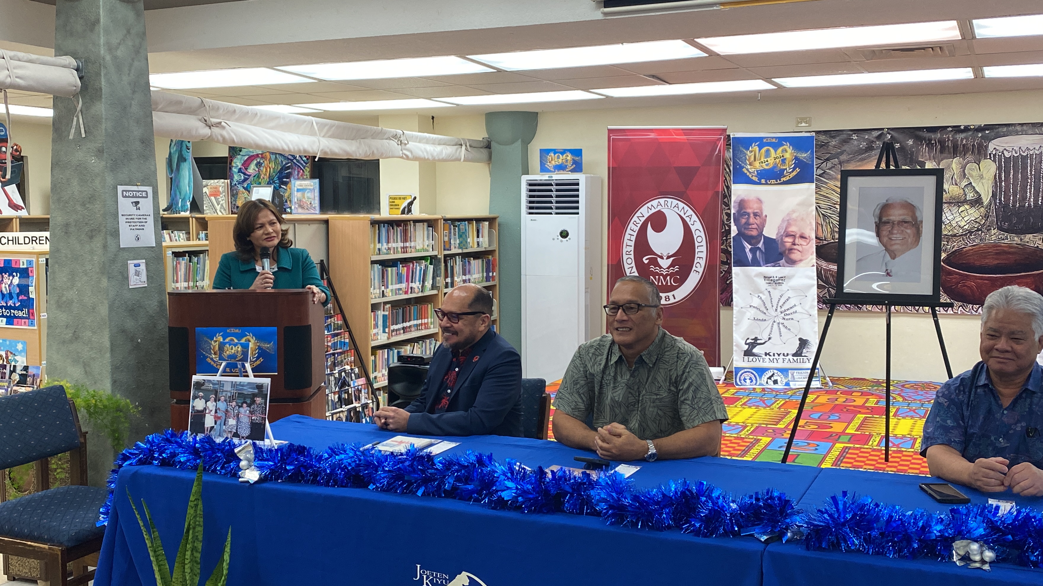 District Court of the NMI Chief Judge Ramona V. Manglona, the daughter of Manuel “Kiyu” Seman Villagomez, talks about her father at a special event commemorating his 100th birthday at Joeten-Kiyu Public Library.