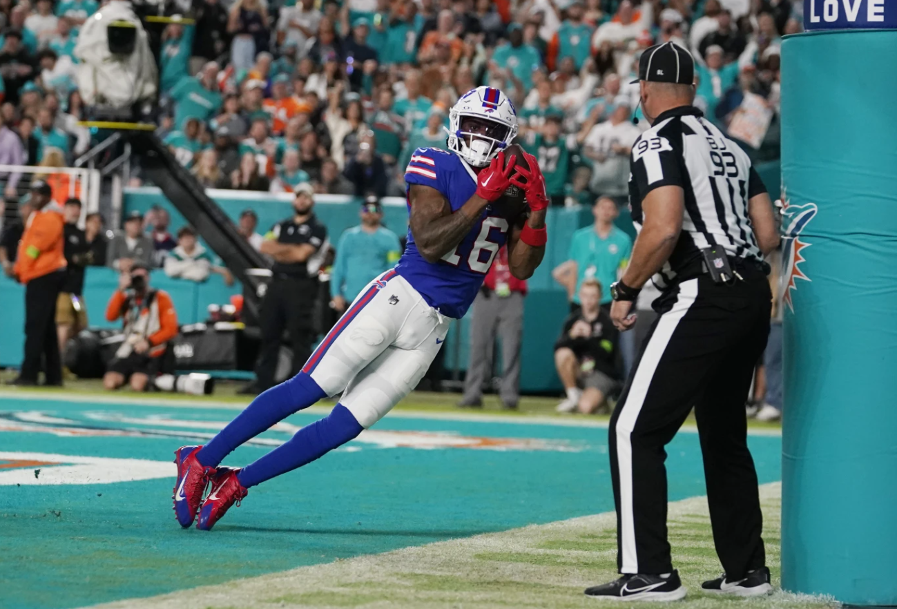 Buffalo Bills wide receiver Trent Sherfield (16) scores a touchdown during the first half of an NFL game against the Miami Dolphins, Sunday, Jan. 7, 2024 in Miami Gardens, Fla.