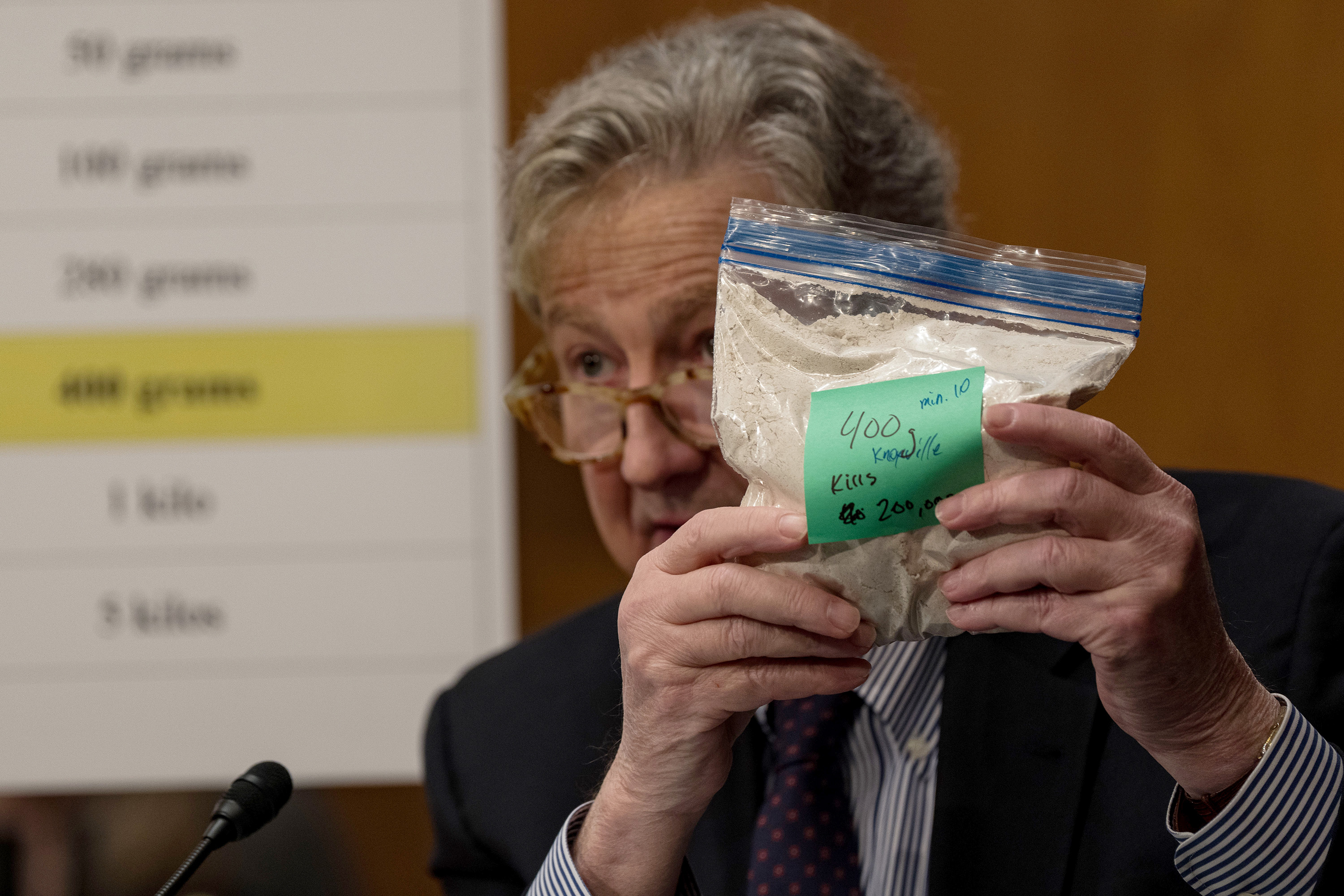 Sen. John Kennedy (R-LA) holds up a bag representing 400g of fentanyl as he speaks during a Senate Banking, Housing, and Urban Affairs committee hearing on Jan. 11, 2024, in Washington, D.C. The hearing examined legislative solutions and public education for stopping the flow of fentanyl into and throughout the United States. (Kent Nishimura/Getty Images/TNS)