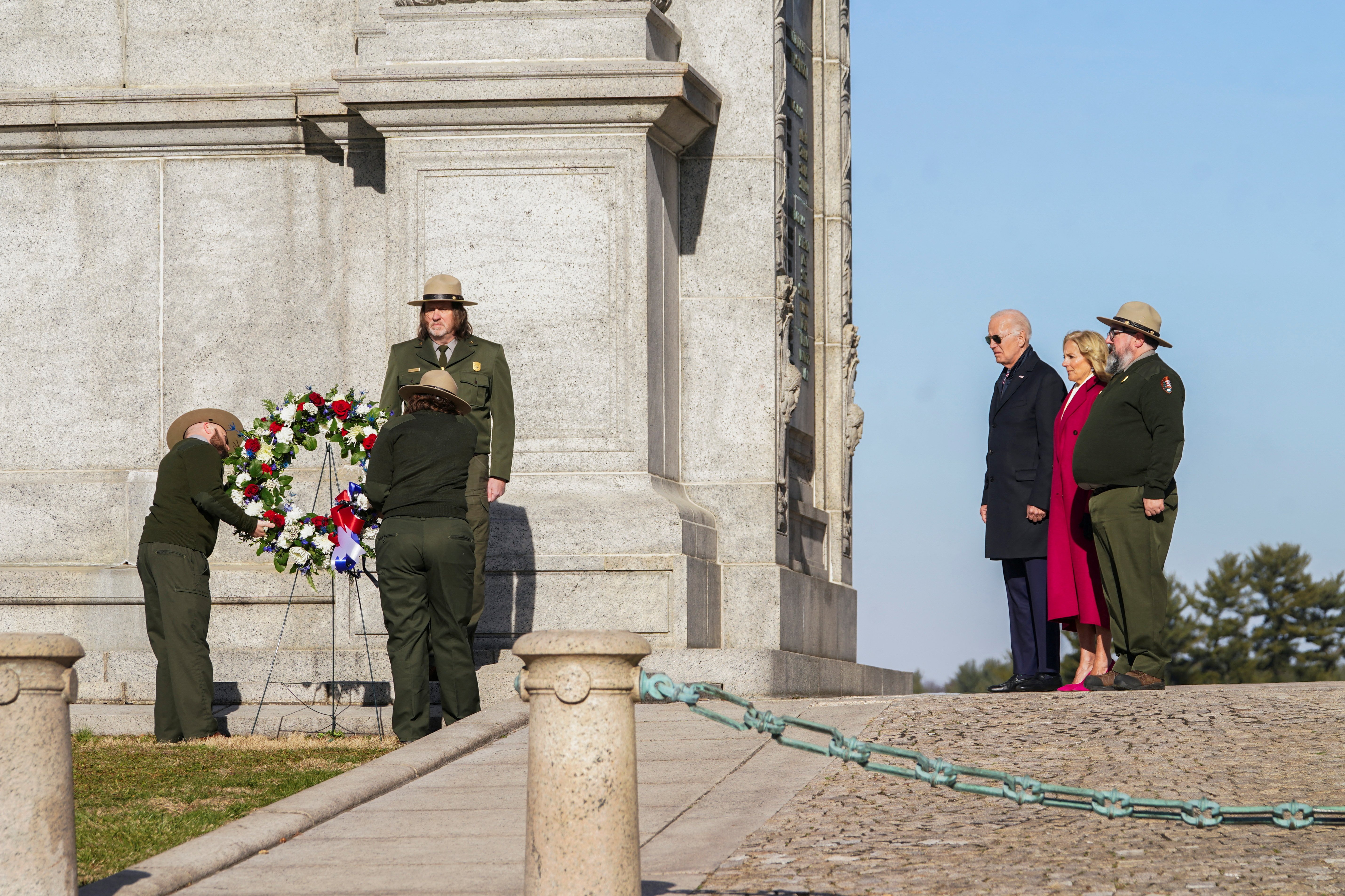 U.S. President Joe Biden and U.S. first lady Jill Biden attend a memorial wreath ceremony at Valley Forge National Arch, in Valley Forge, Pennsylvania, U.S., January 5, 2024.