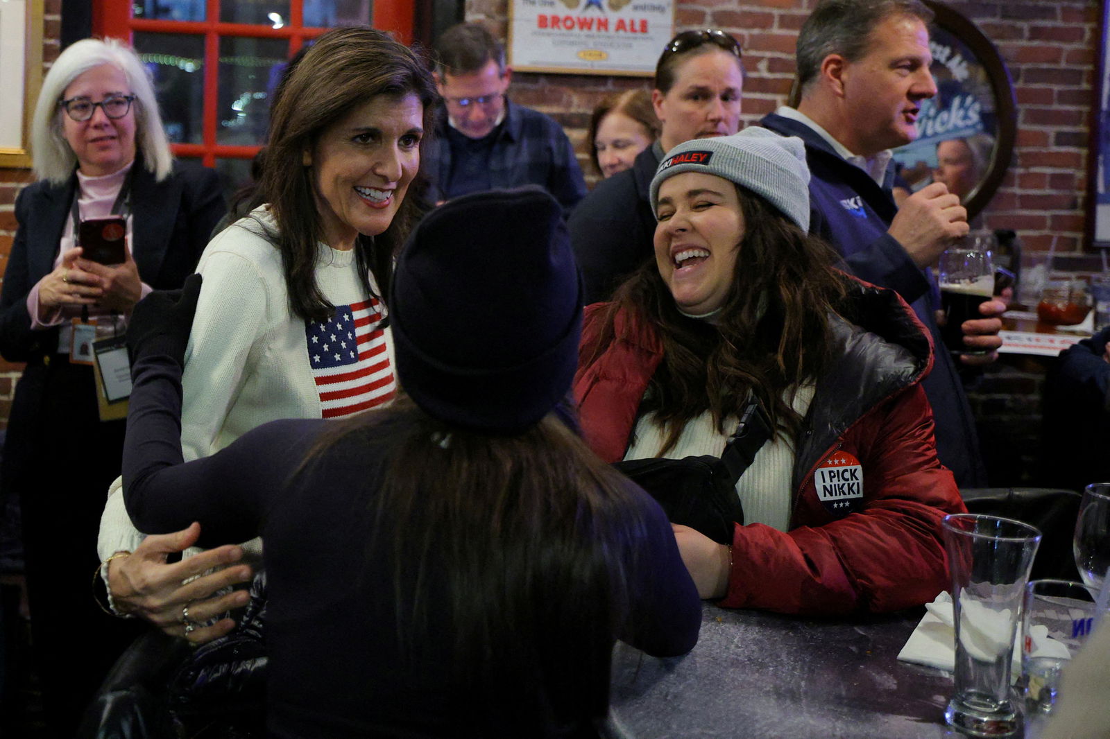 Republican presidential candidate and former U.S. Ambassador to the United Nations Nikki Haley makes a campaign stop at the Peddler?s Daughter Irish Bar, ahead of the New Hampshire primary election in Nashua, New Hampshire, U.S., January 20, 2024. 