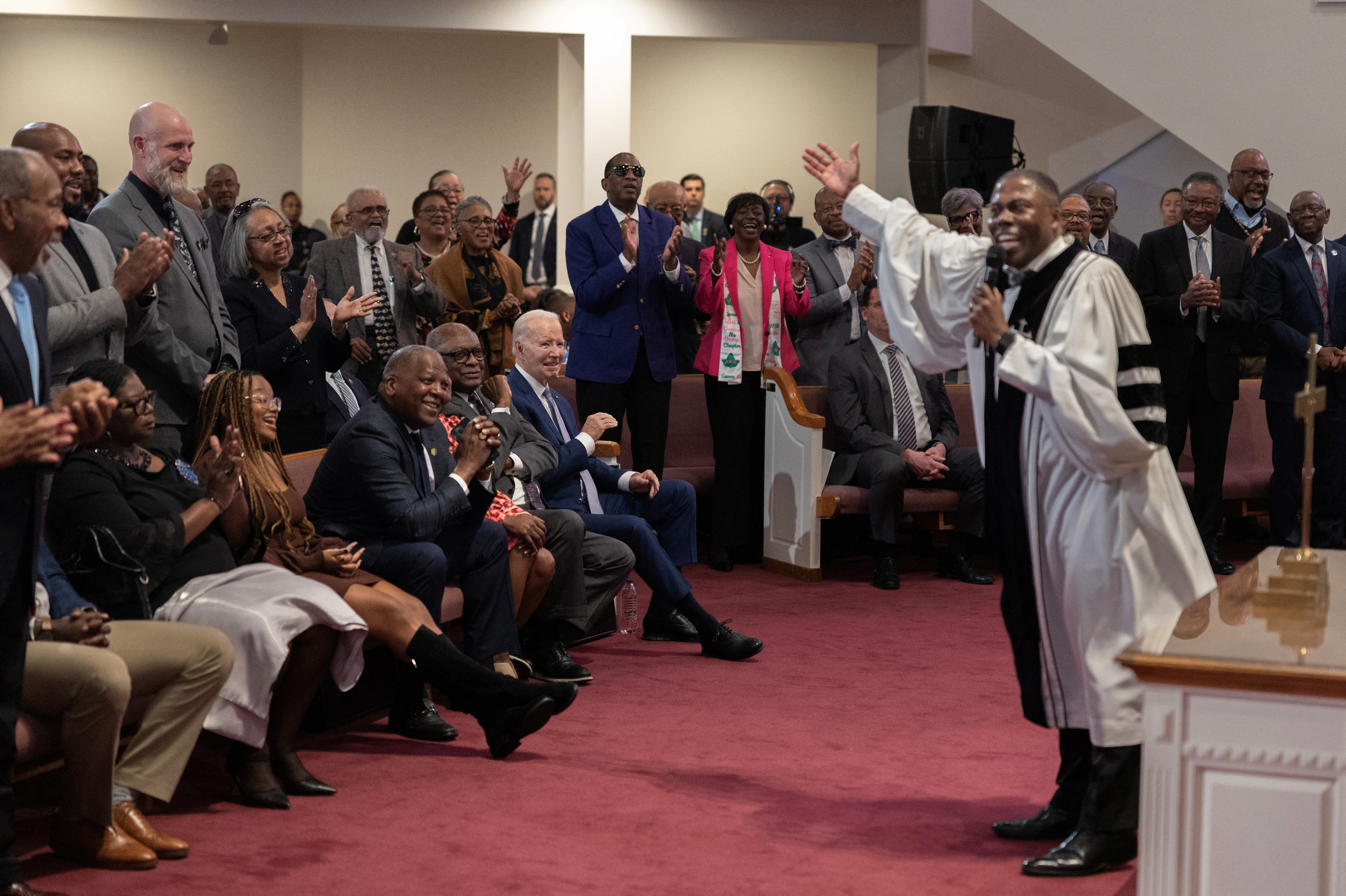 U.S. President Joe Biden participates in a church service at Saint John Baptist Church in West Columbia, South Carolina, U.S., January 28, 2024. 