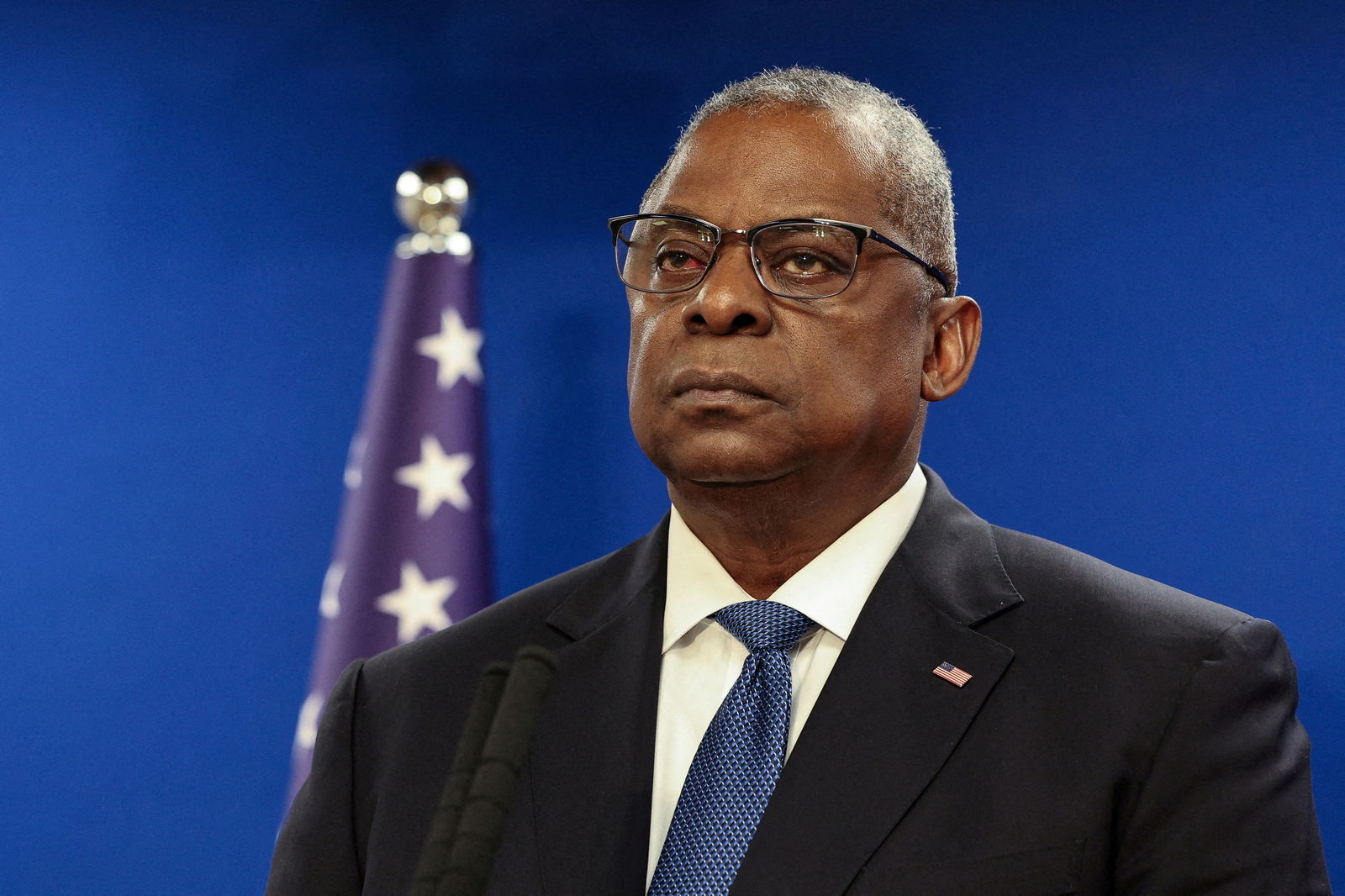 U.S. Secretary of Defense Lloyd Austin looks on during a joint press conference with Israeli Defense Minister Yoav Gallant at Israel's Ministry of Defense in Tel Aviv, Israel December 18, 2023. 