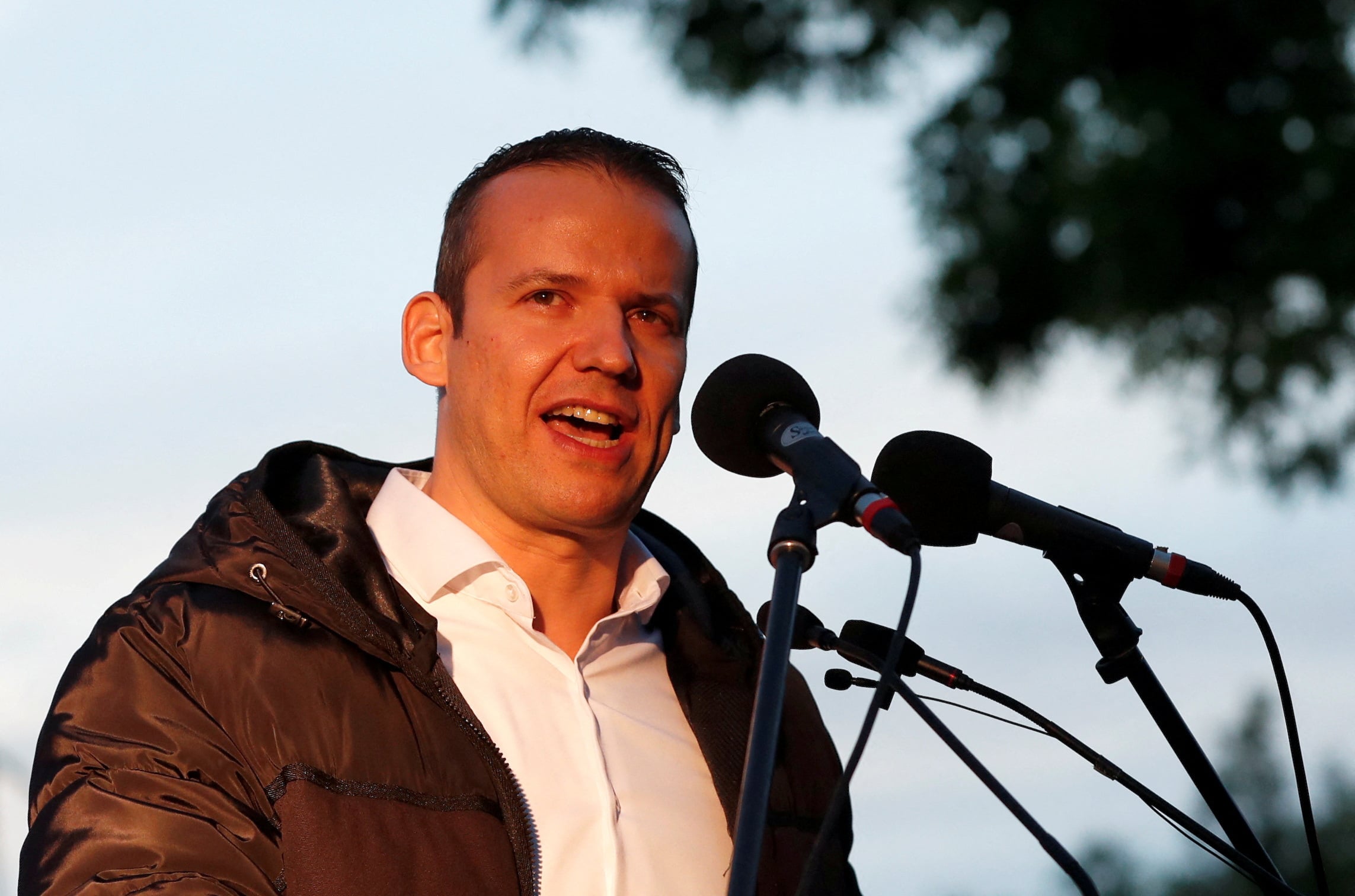Laszlo Toroczkai, leader of the far-right Our Home Movement political party, speaks during a protest against criminal attacks caused by youth, in Torokszentmiklos, Hungary, May 21, 2019. 