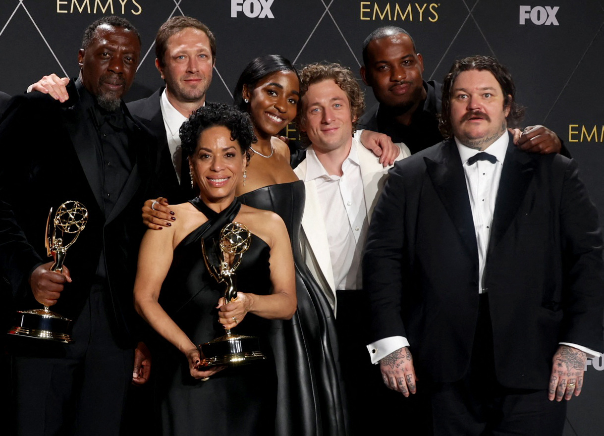 Jeremy Allen White, Ayo Edebiri, Ebon Moss-Bachrach and cast members of "The Bear" pose together with awards, at the 75th Primetime Emmy Awards in Los Angeles, California, Jan. 15, 2024.