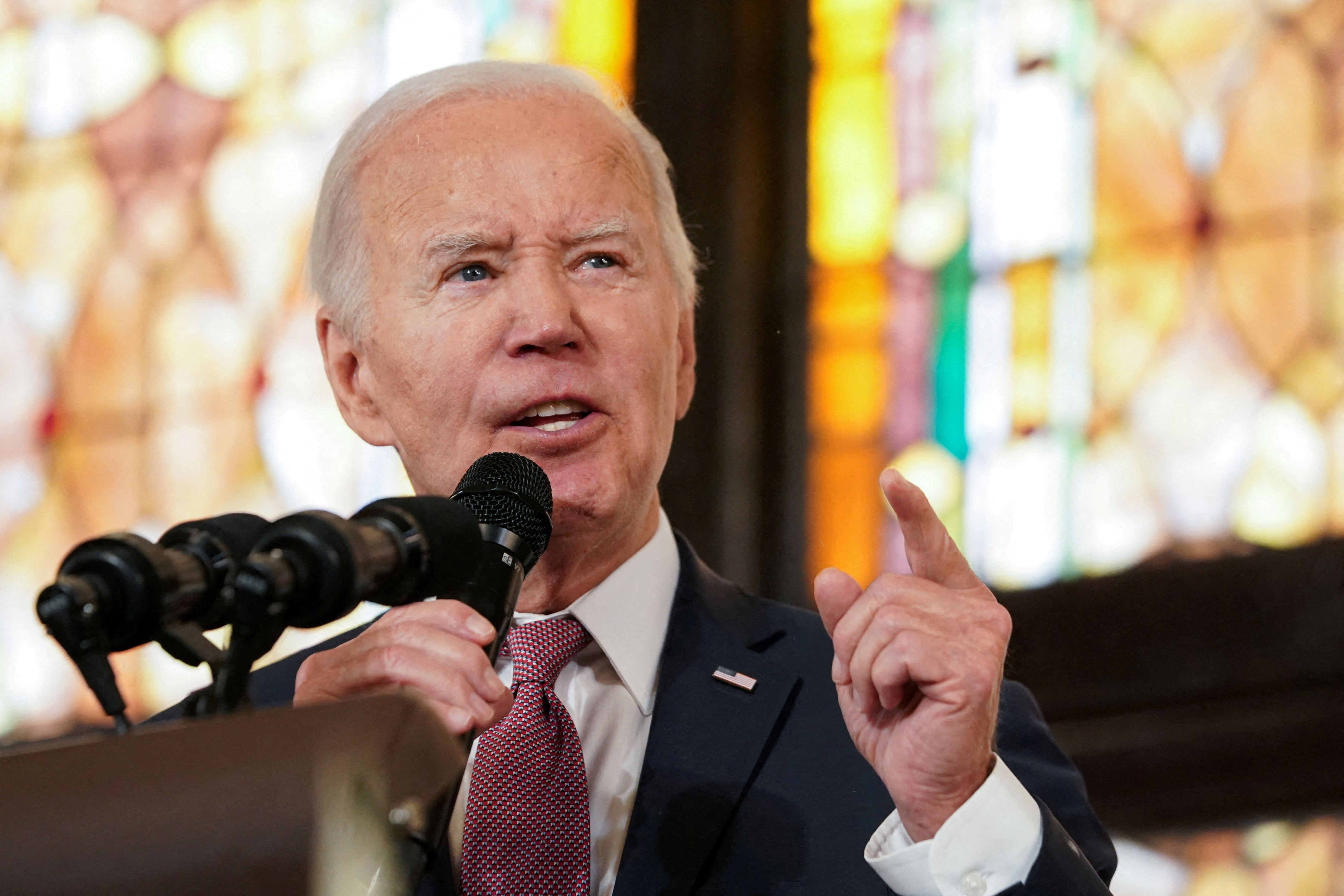 U.S. President Joe Biden gestures as he delivers a speech during a campaign event at the Mother Emanuel AME Church, the site of the 2015 mass shooting, in Charleston, South Carolina, U.S., January 8, 2024. 