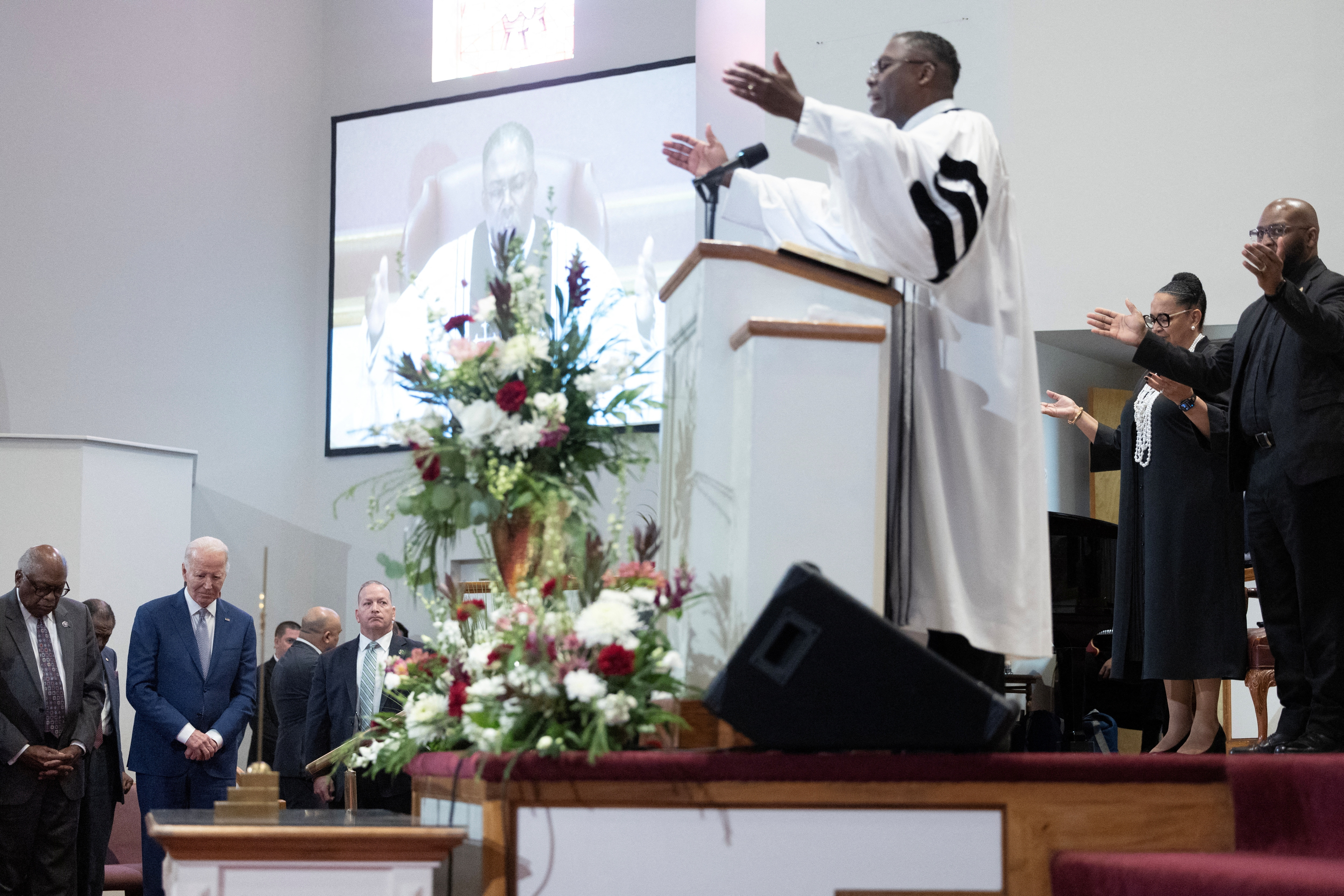U.S. President Joe Biden and Rep. Jim Clyburn (D-SC) participate in a church service at Saint John Baptist Church in West Columbia, South Carolina, U.S., January 28, 2024. 