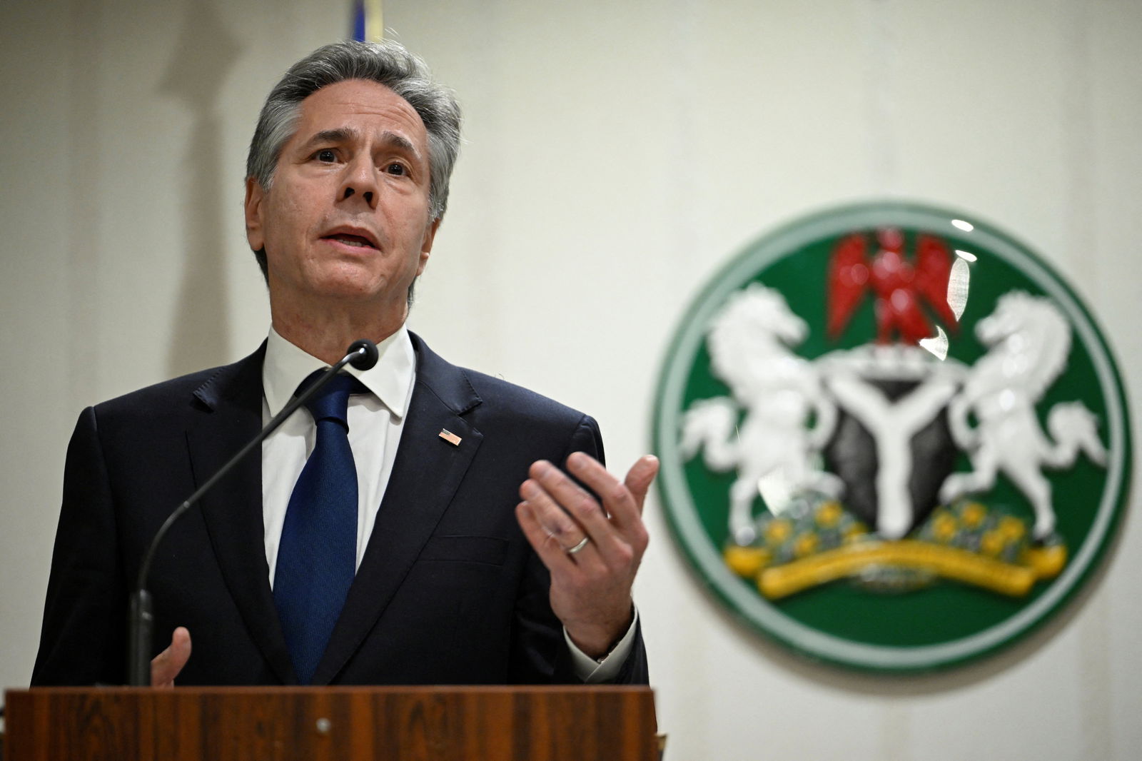 U.S. Secretary of State Antony Blinken speaks during a press conference with Minister of Foreign Affairs of Nigeria Yusuf Tuggar at the Presidential Villa in Abuja, Nigeria, January 23, 2024.