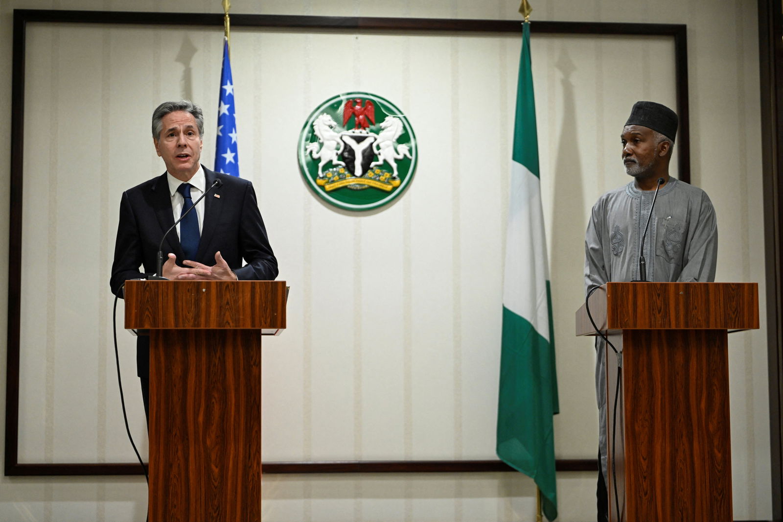 U.S. Secretary of State Antony Blinken attends a press conference with Minister of Foreign Affairs of Nigeria Yusuf Tuggar at the Presidential Villa in Abuja, Nigeria, January 23, 2024. 