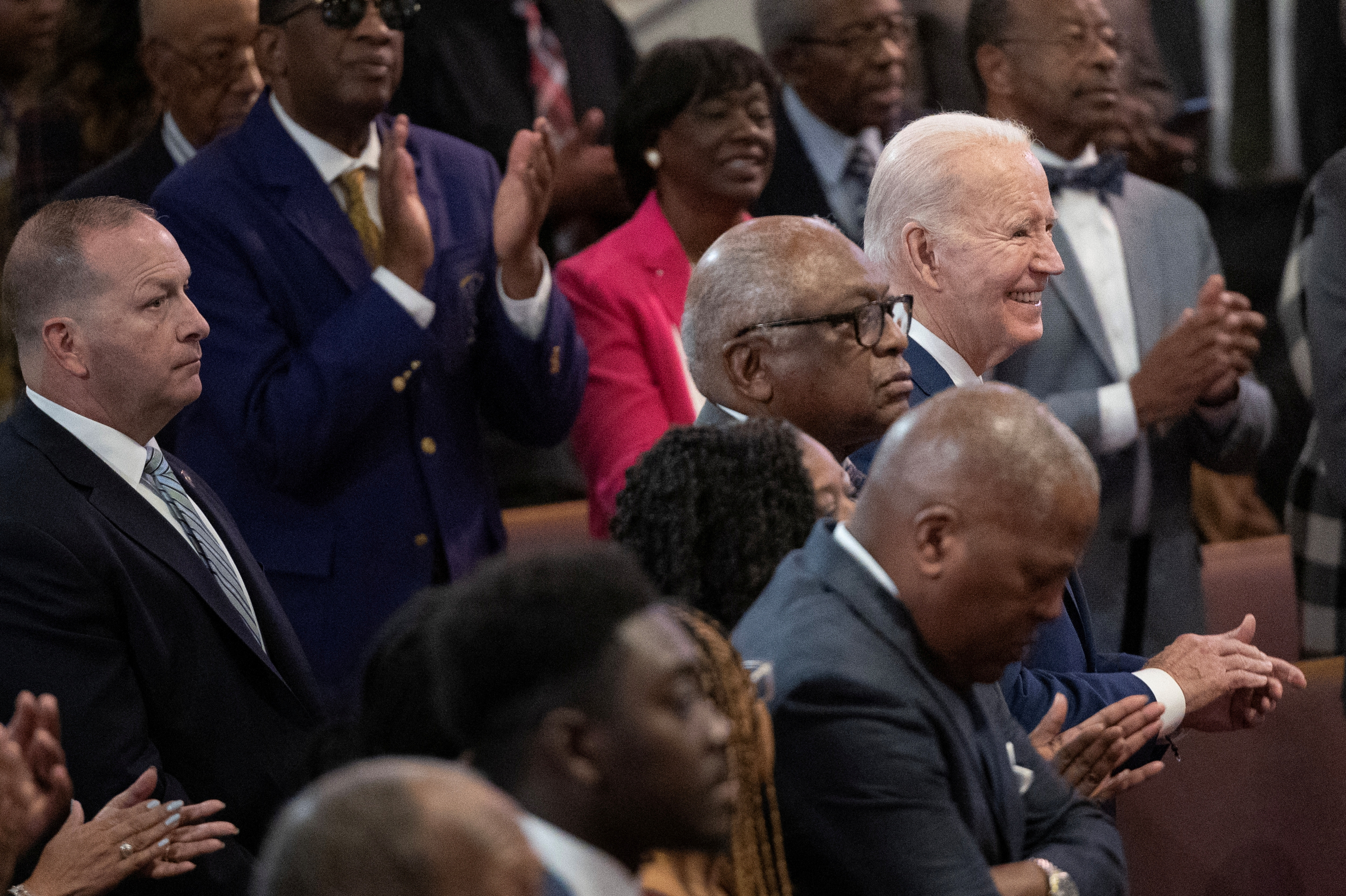 U.S. President Joe Biden participates in a church service with Rep. Jim Clyburn (D-SC) at Saint John Baptist Church in West Columbia, South Carolina, U.S., January 28, 2024. 