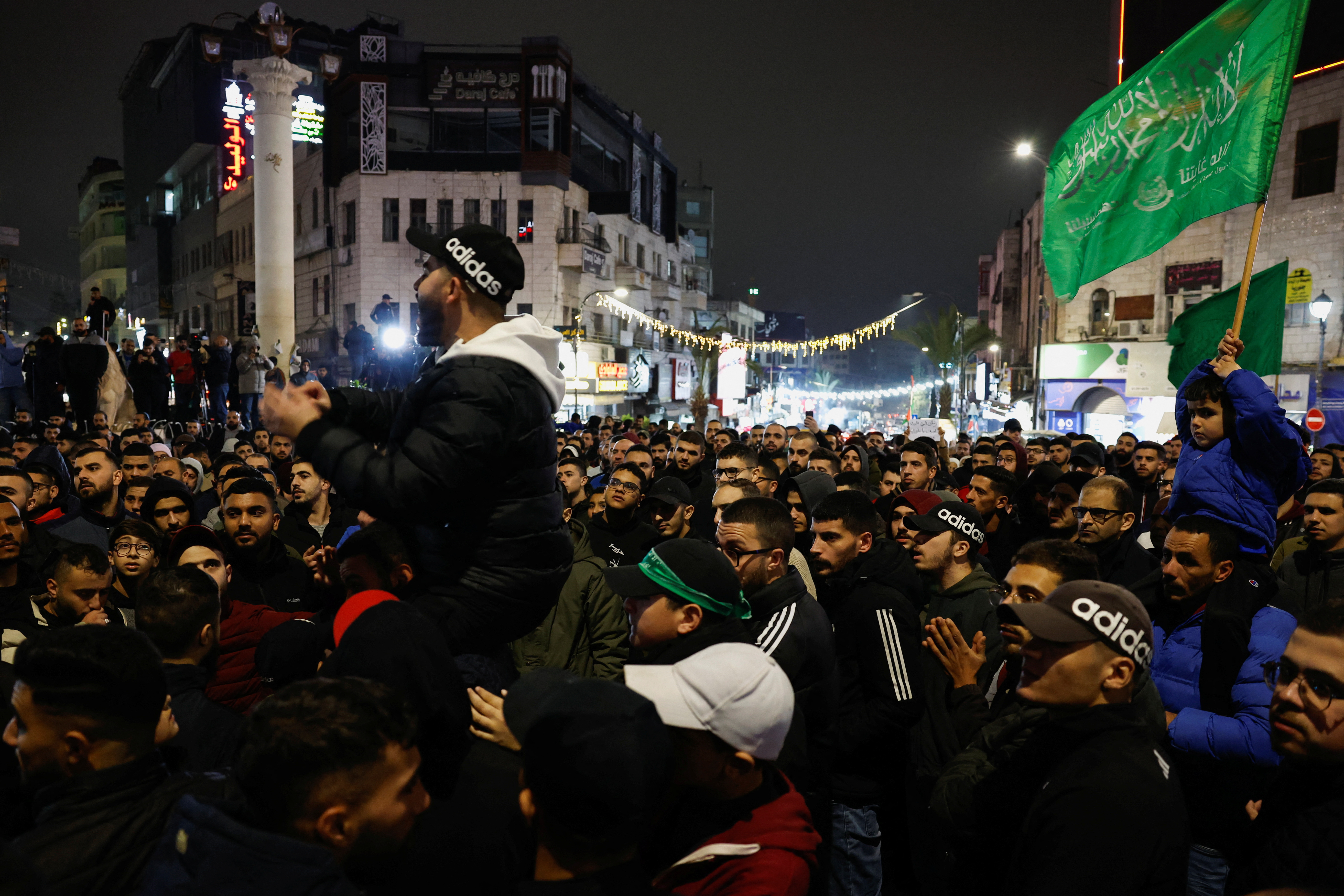 Palestinians take part in a protest against the killing of senior Hamas official, Saleh al-Arouri, in Ramallah in the Israeli-occupied West Bank January 2,2024. 