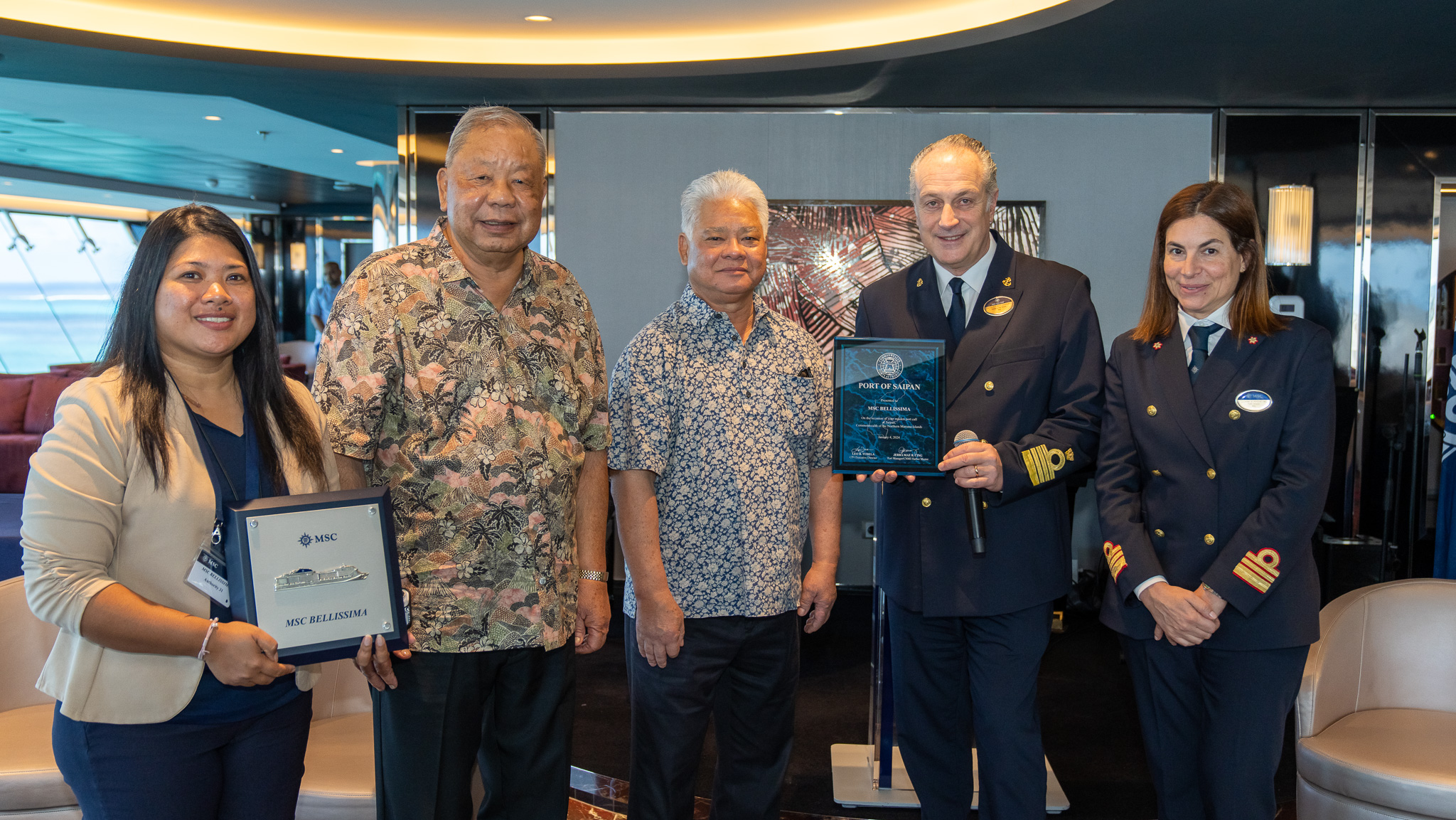 Gov. Arnold I. Palacios and Lt. Gov. David M. Apatang welcomed Capt. Francesco Saverio Veniero, 2nd right, of MSC Belissima as well as its crew and passengers to Saipan on Thursday morning. Belissima is a Meraviglia-class cruise ship from the renowned Swiss global cruise line, MSC Cruises. Also in photo are Port of Saipan Manager/CNMI Harbor Master Jerra Mae B. Cing and MSC Belissima Hotel Director Tizaiana Sorrentino.
