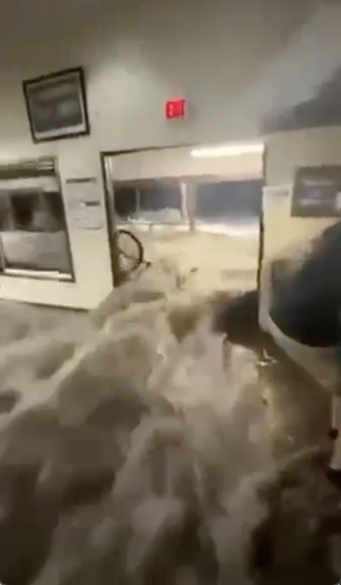 Storm-driven waves washed ashore at the U.S. Army's Roi-Namur Island facility Saturday night, causing damage but only minor injuries. The waves smashed down the dining hall's doors, knocking people down and flooding the facility as this screenshot from a video taken Saturday night shows.