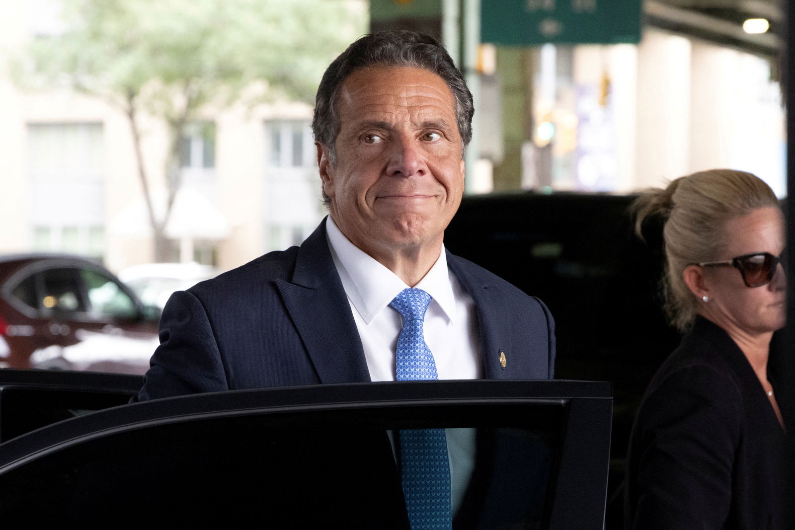 New York Governor Andrew Cuomo shortly before departing in his helicopter after announcing his resignation in Manhattan, New York City, U.S., August 10, 2021. 
