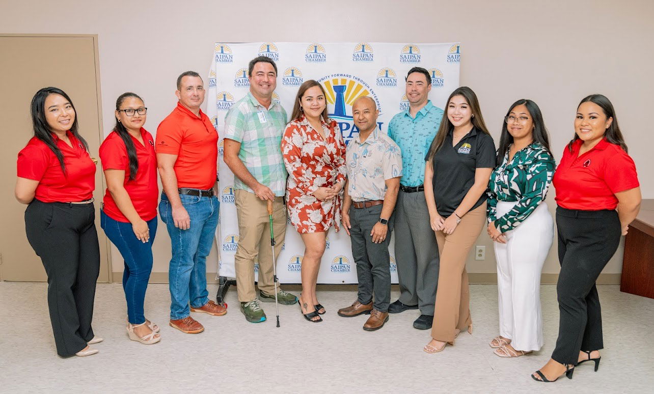 From left, Community Development Institute Program Manager Geraldine Sasamoto, CDI Administrative Manager Pamela Ada, Saipan Chamber of Commerce board member Brad Ruszala, SCC EdWork Committee member Carlos Santos, SCC Executive Director Kimberly Camacho, SCC President Joe Guerrero, SCC Vice President Joshua Wise, SCC Coordinators Riley Buenaventura and Jaime Itibus, and CDI Director Monique Sablan.