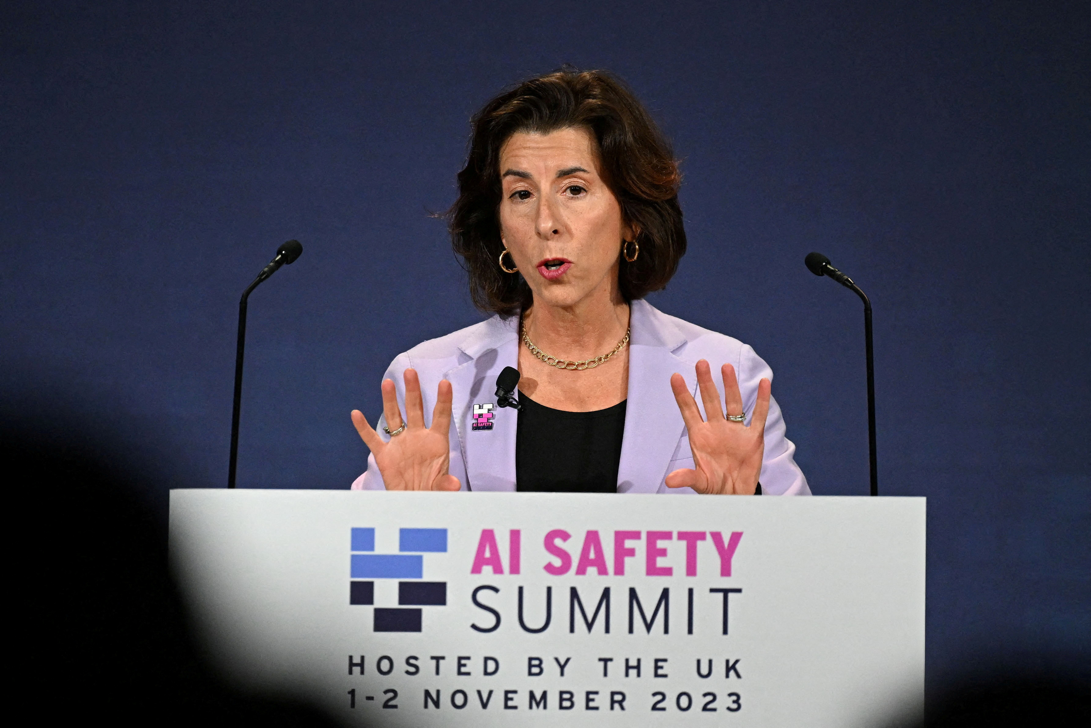 U.S. Commerce Secretary Gina Raimondo speaks on Day 1 of the AI Safety Summit at Bletchley Park in Bletchley, Britain on November 1, 2023. 