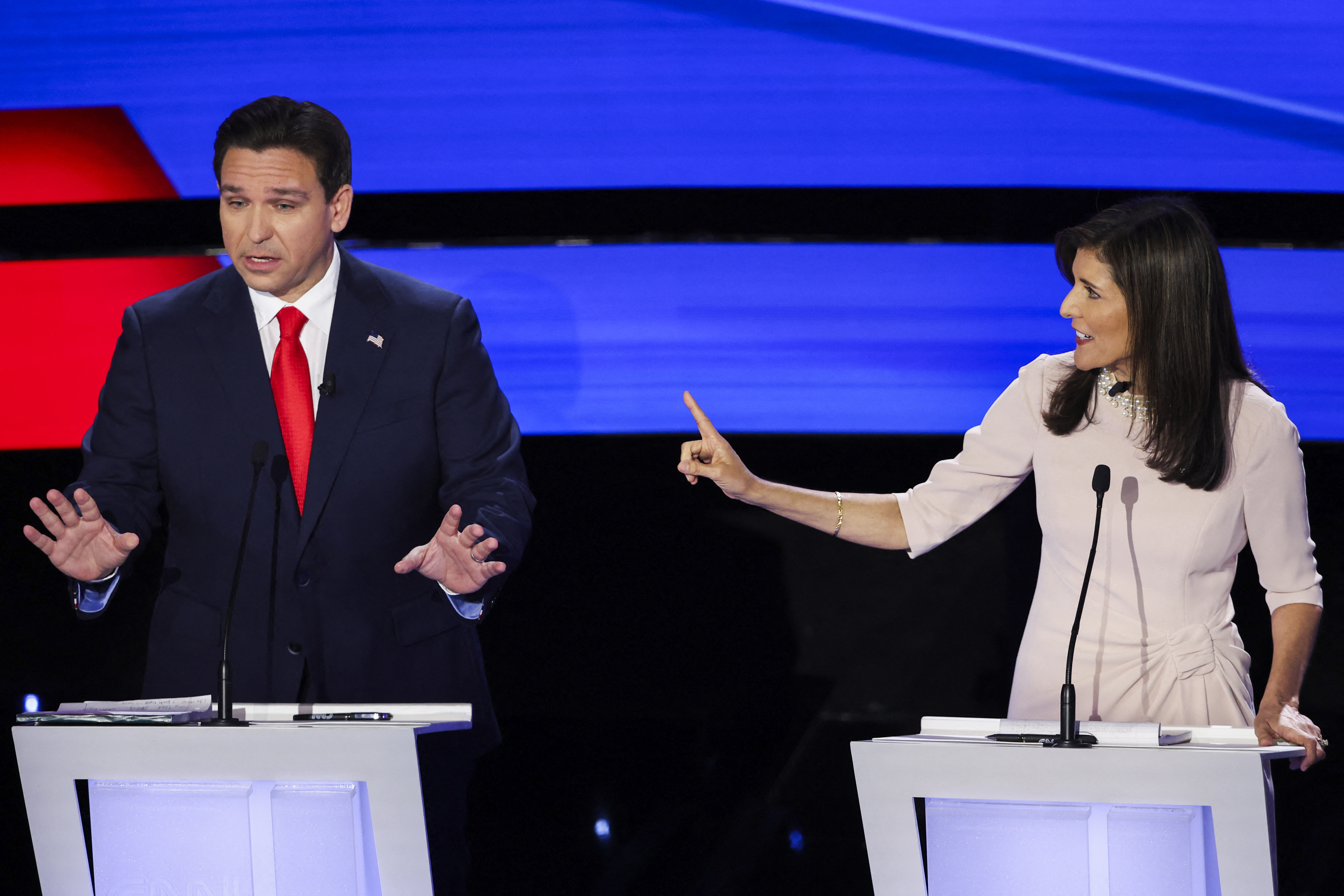 Florida Governor Ron DeSantis and Former U.S. Ambassador to the United Nations Nikki Haley participate in the Republican presidential debate hosted by CNN at Drake University in Des Moines, Iowa, U.S. January 10, 2024. 