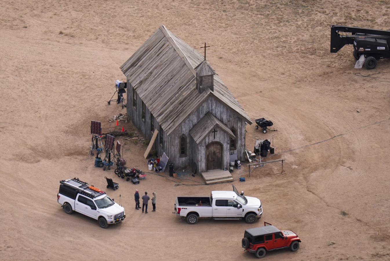This aerial photo shows part of the Bonanza Creek Ranch film set in Santa Fe, N.M., Oct. 23, 2021.