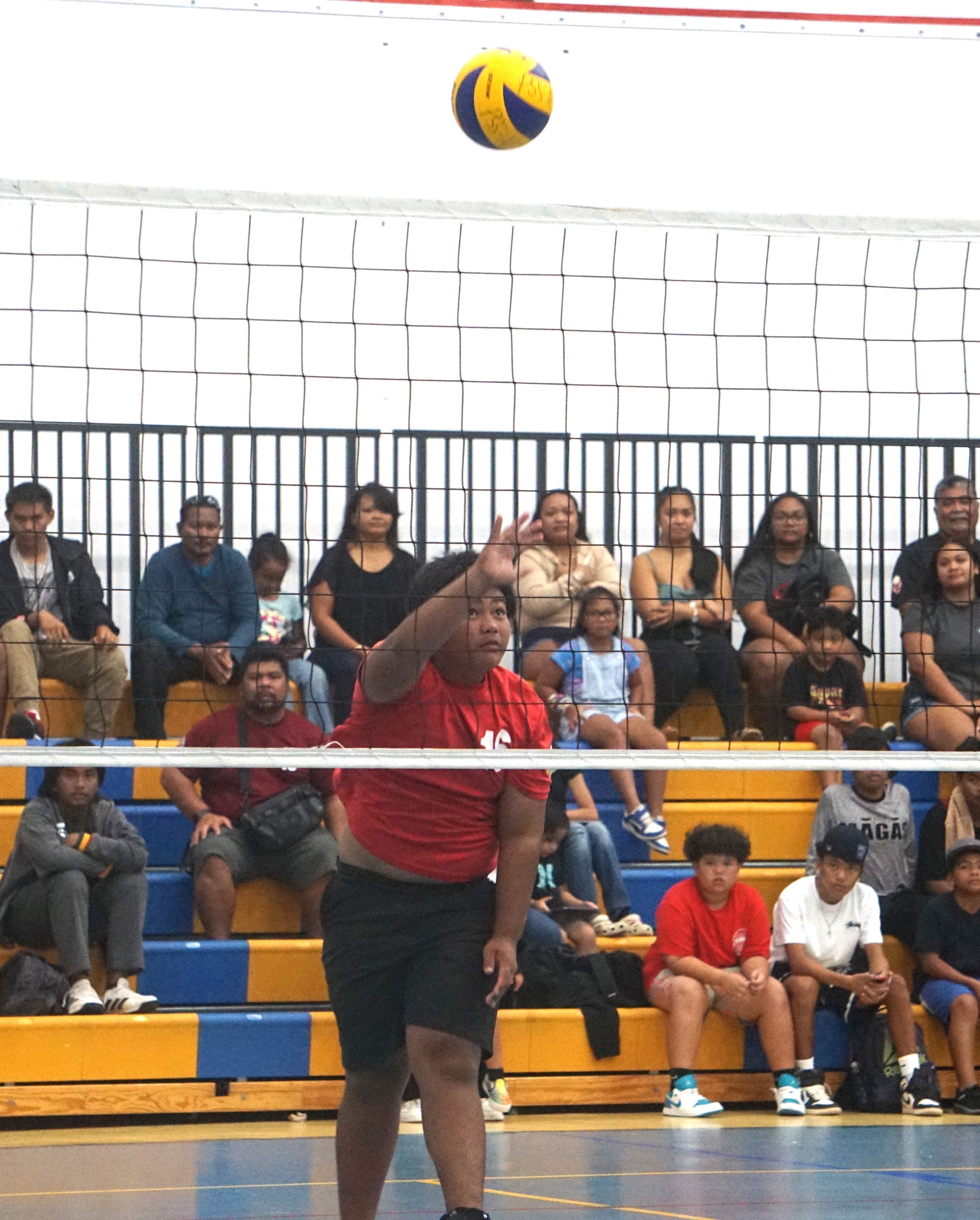 A Chacha player returns the possession during a boys middle school division game of the NMIVA-PSS Interscholastic Volleyball League SY23-24 at the Marianas High School gym on Thursday.