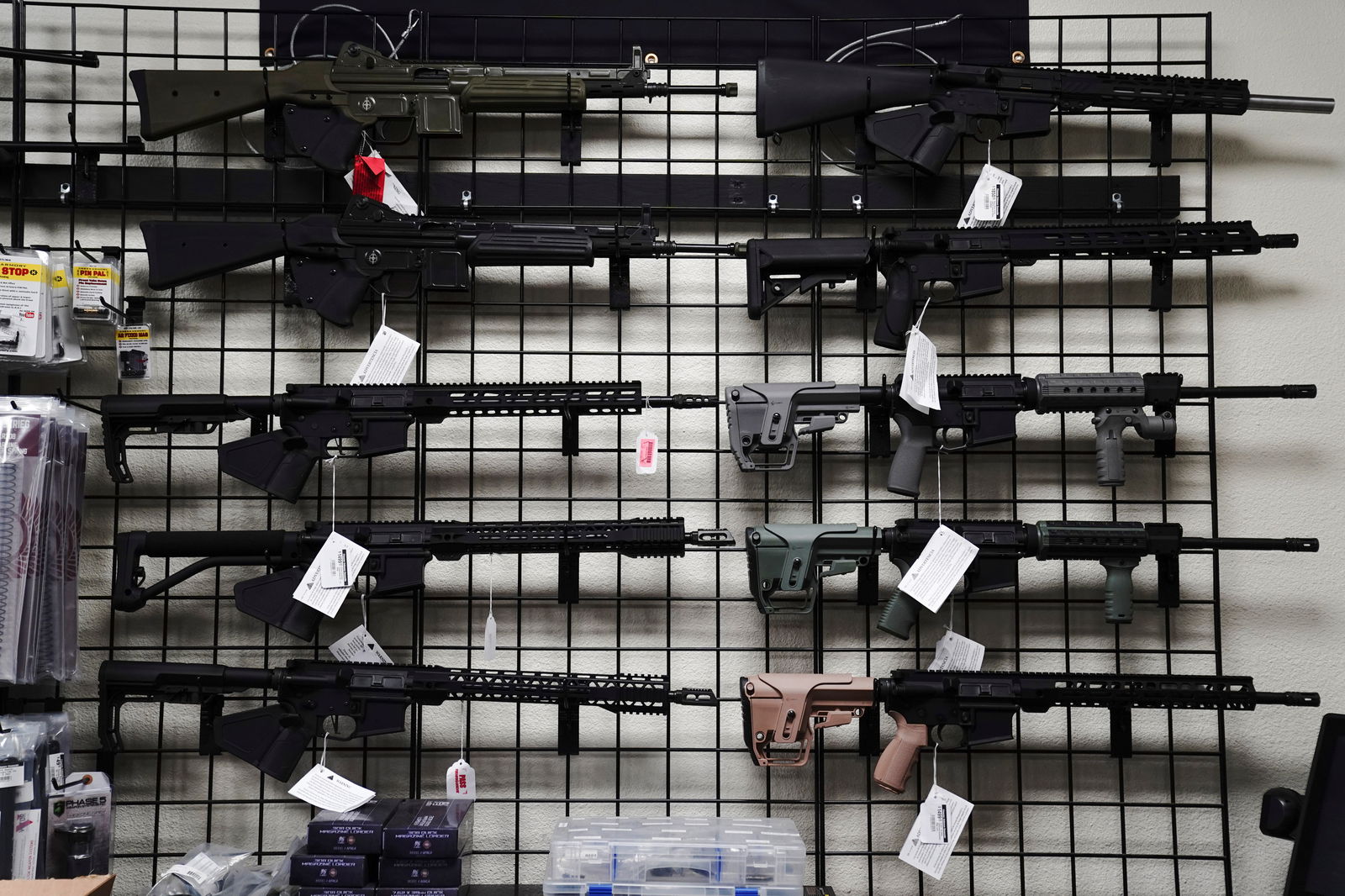 AR-15 style rifles are displayed for sale at Firearms Unknown, a gun store in Oceanside, California, U.S., April 12, 2021. 