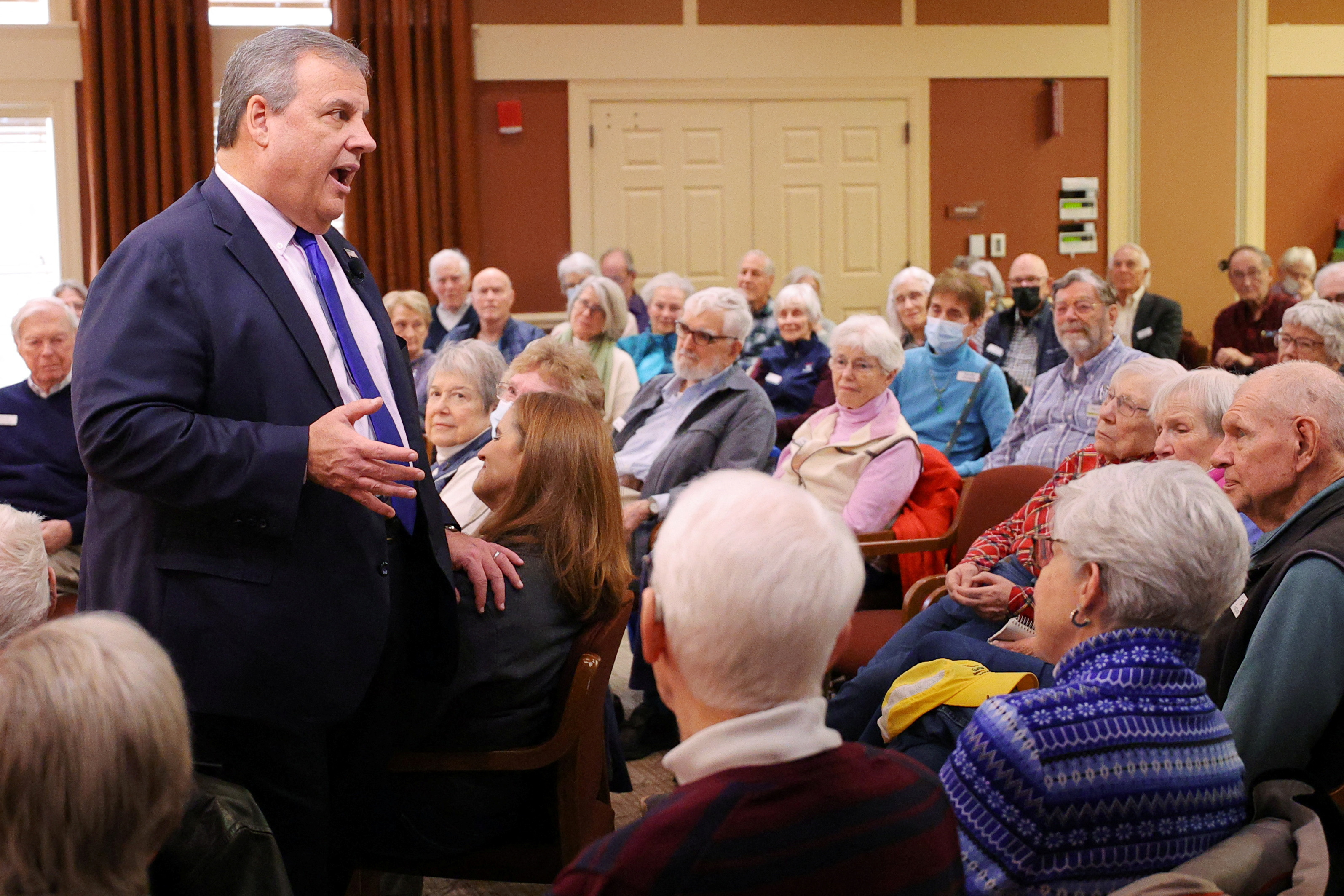 Republican presidential candidate and former New Jersey Governor Chris Christie speaks at a campaign stop at the RiverWoods Retirement Community in Exeter, New Hampshire, U.S., January 10, 2024. 