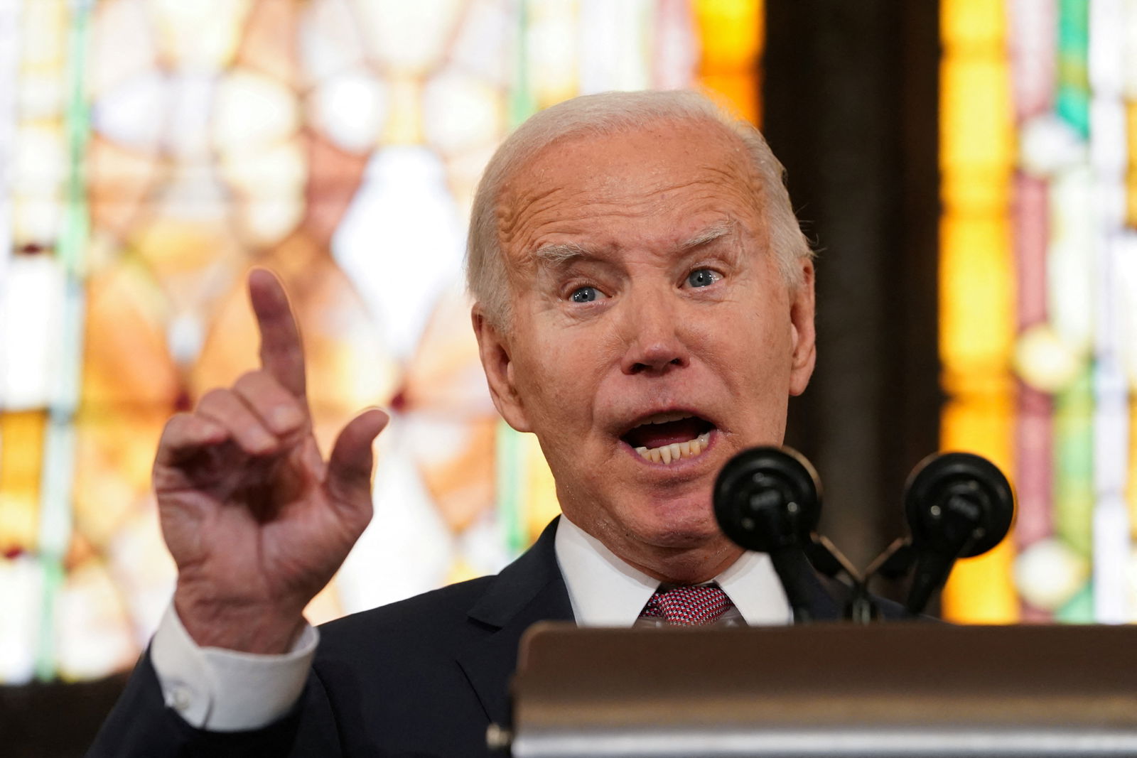 U.S. President Joe Biden gestures as he delivers a speech during a campaign event at the Mother Emanuel AME Church, the site of the 2015 mass shooting, in Charleston, South Carolina, U.S., January 8, 2024. 