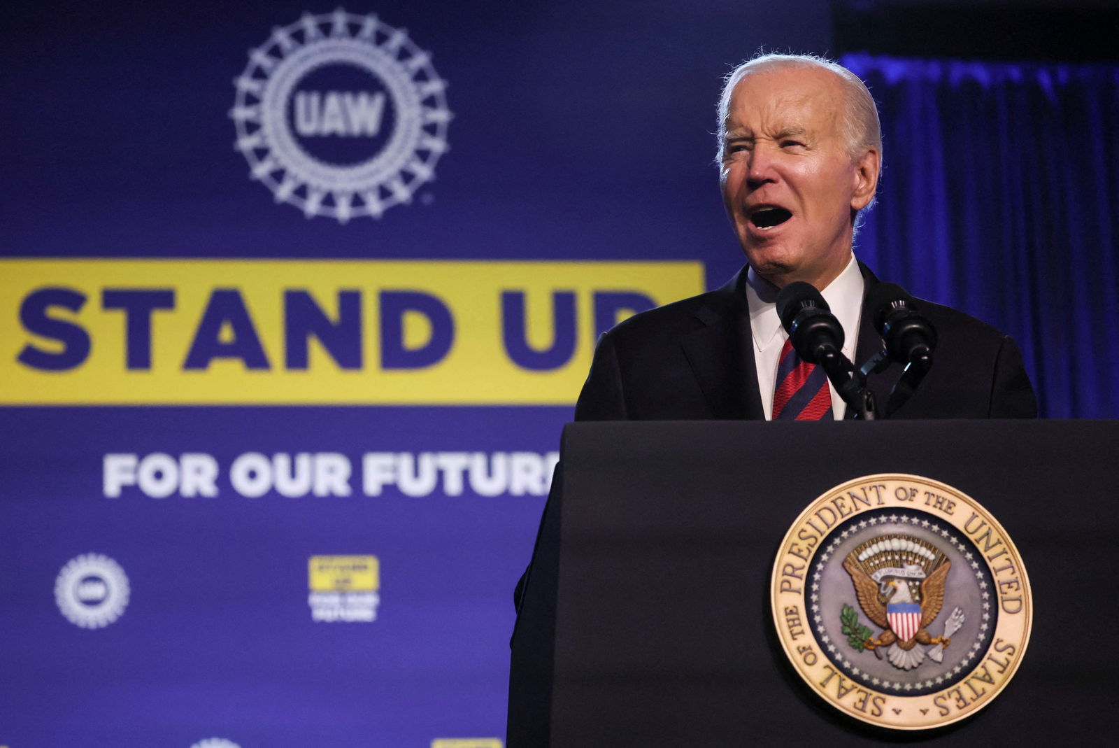 U.S. President Joe Biden speaks to United Auto Workers members at the UAW's Community Action Program (CAP) legislative conference in Washington, U.S., January 24, 2024.