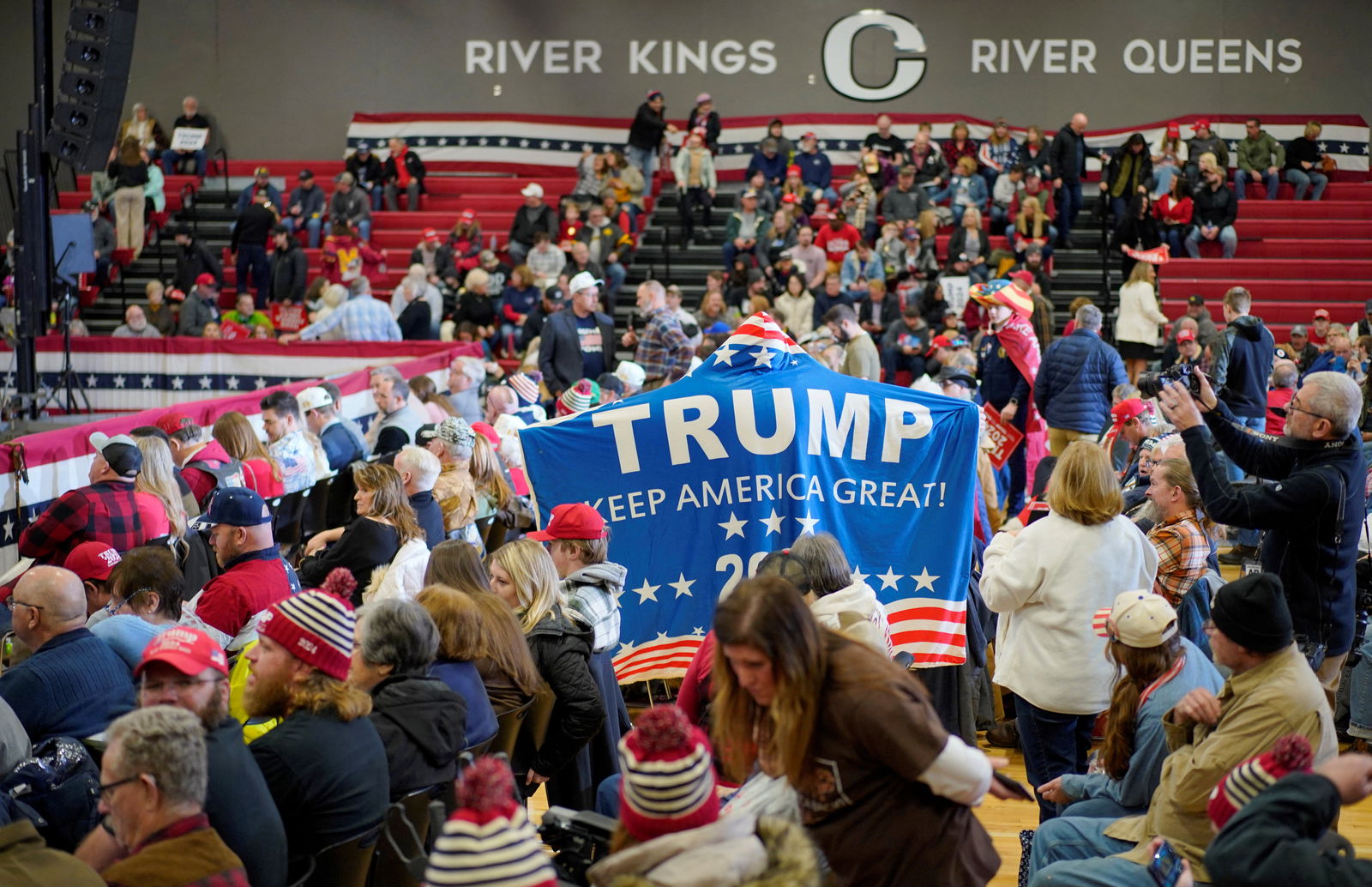 Supporters attend a campaign event held by former U.S. President and Republican presidential candidate Donald Trump, in Clinton, Iowa, U.S., January 6, 2024. 