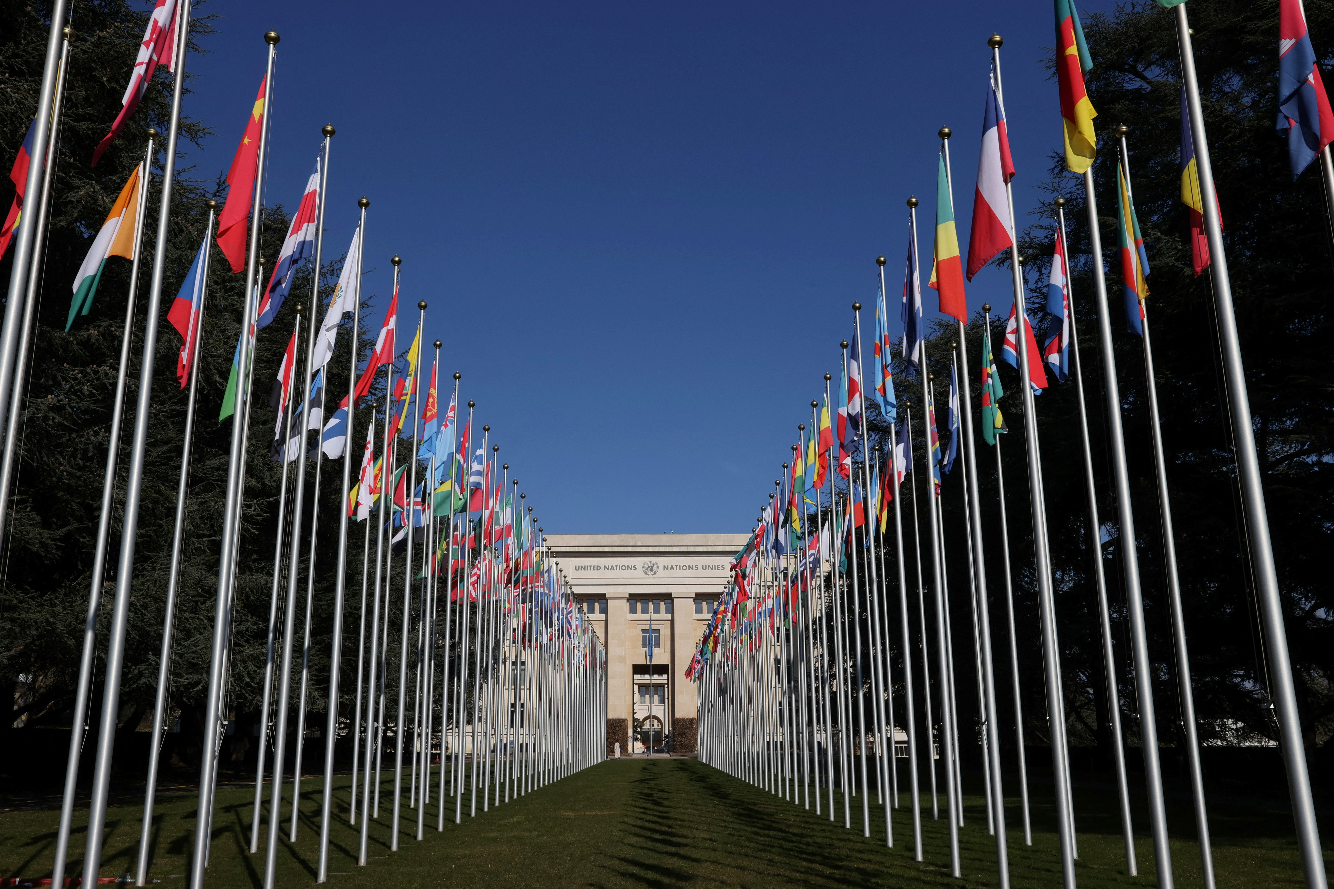 The flags alley is seen outside the United Nations building during the Human Rights Council in Geneva, Switzerland, February 27, 2023. 