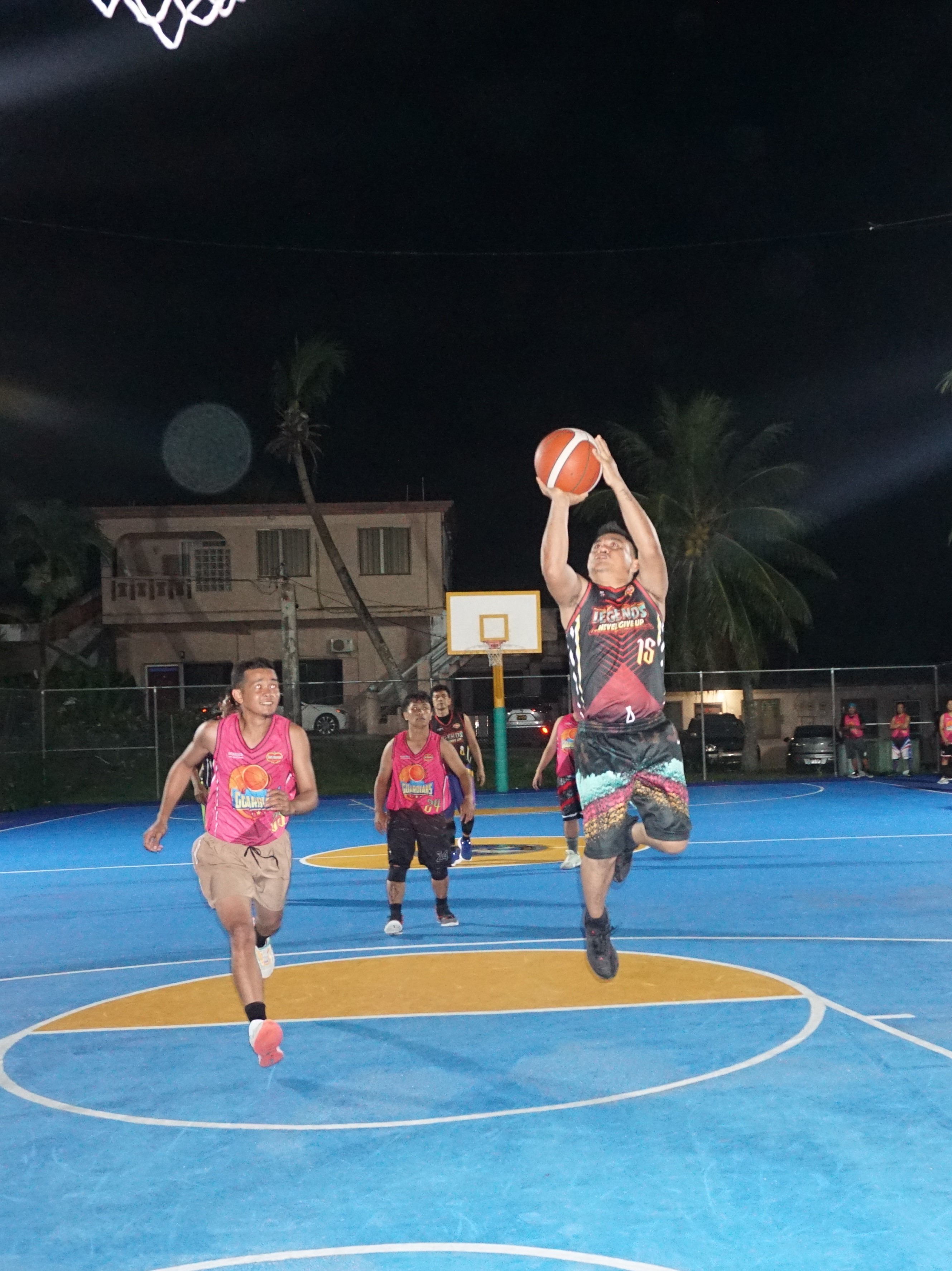 Team Legends' Dick Tibayan pulls up for the uncontested shot during a semifinal game of the 2023 Pacific Saipan Promo Invitational Basketball League at the Gualo Rai basketball court on Thursday.
