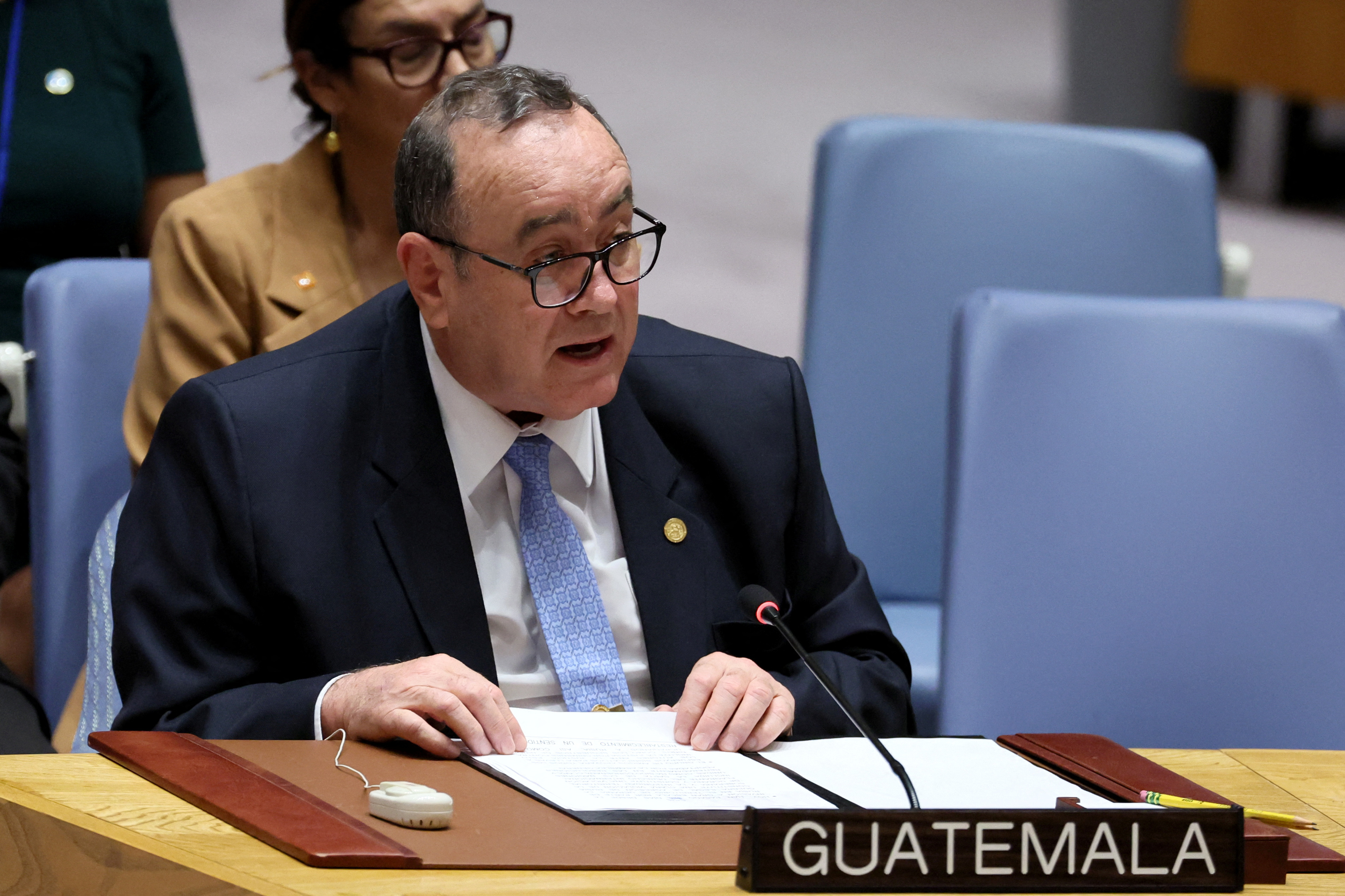 Guatemala’s President Alejandro Eduardo Giammattei Falla, addresses a ministerial level meeting of the United Nations Security Council on the crisis in Ukraine at U.N. headquarters in New York, September 20, 2023. 