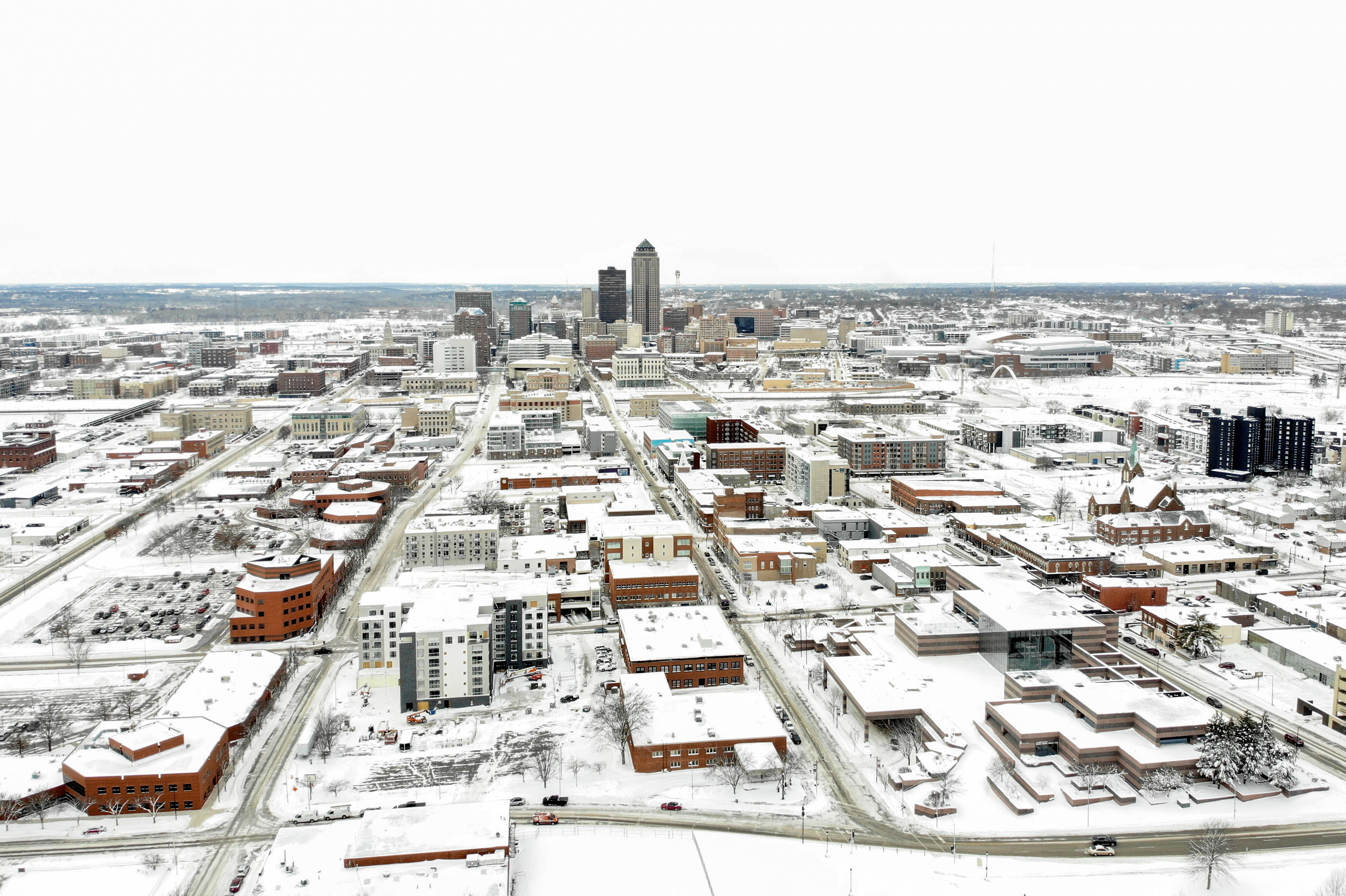 An aerial view of downtown covered in snow, ahead of Iowa state caucus vote, in Des Moines, Iowa, U.S. January 15, 2024. 