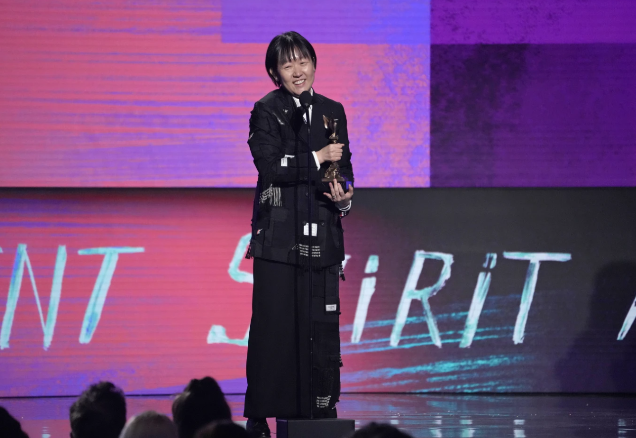 Celine Song accepts the award for best director for “Past Lives” during the Film Independent Spirit Awards on Sunday, Feb. 25, 2024 in Santa Monica, Calif.