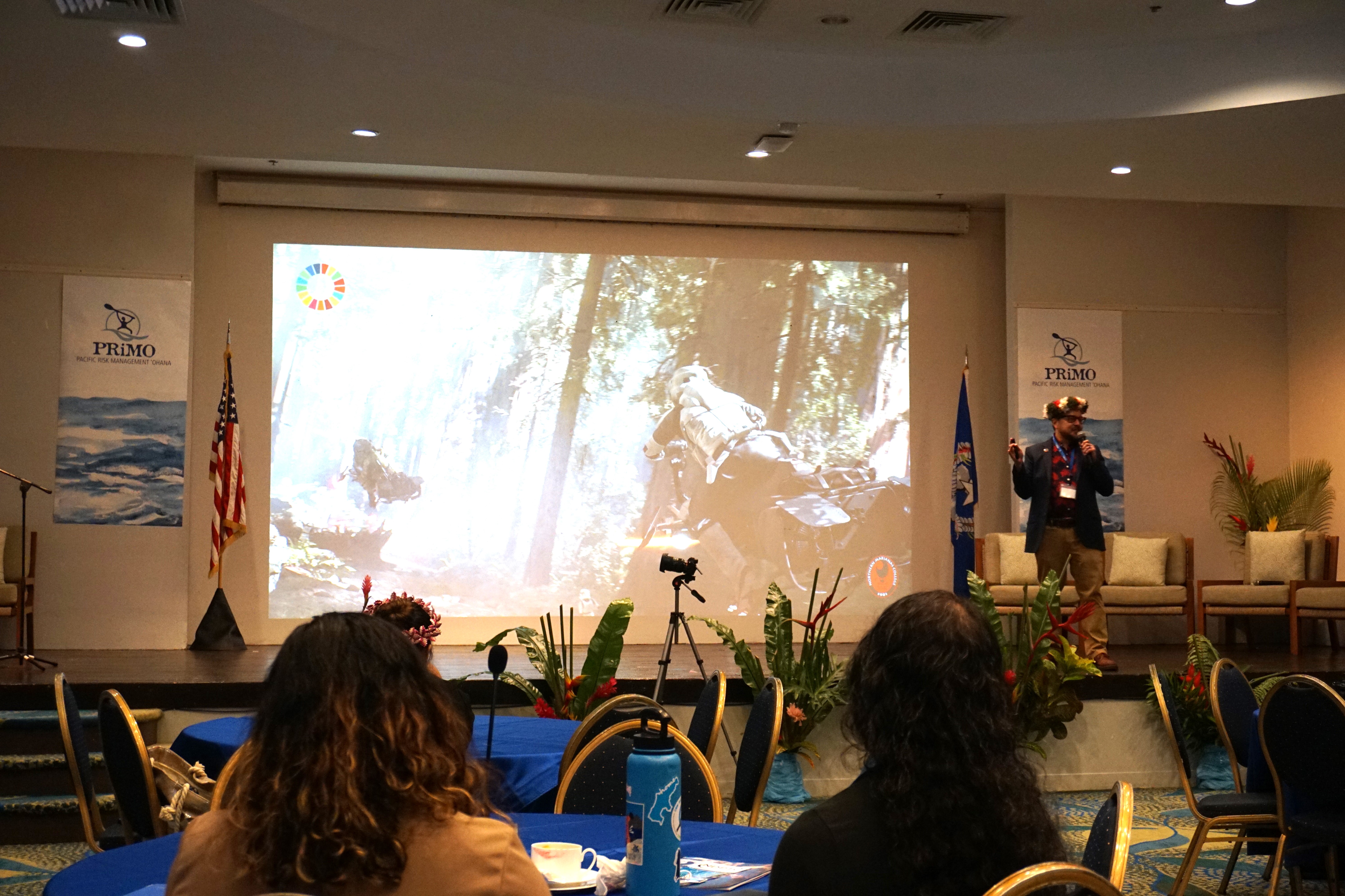 Northern Marianas College President Galvin Deleon Guerrero, EdD, delivers his remarks during the Pacific Risk Management Ohana conference at Crowne Plaza Resort Saipan on Friday.