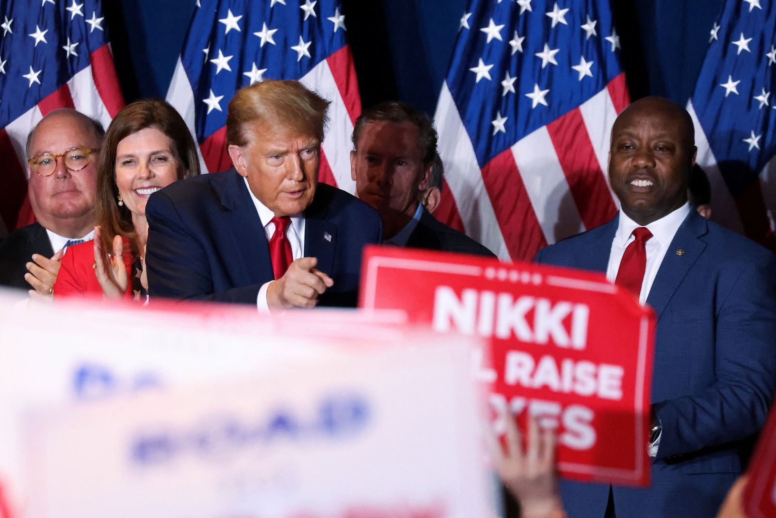 Republican presidential candidate and former U.S. President Donald Trump gestures as he hosts a South Carolina Republican presidential primary election night party in Columbia, South Carolina, U.S. February 24, 2024. 