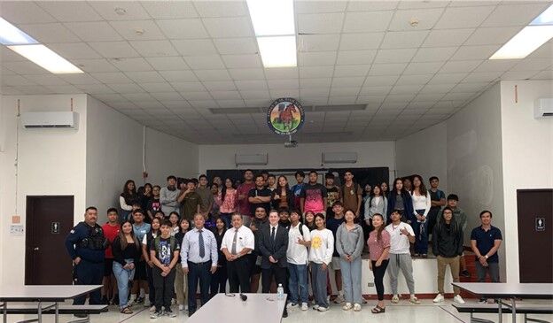 Chief Justice Alexandro C. Castro, Justice Perry B. Inos, and law clerk Nathan Ford took part in the Justices in the Classroom presentation at Tinian Jr. Sr. High School.