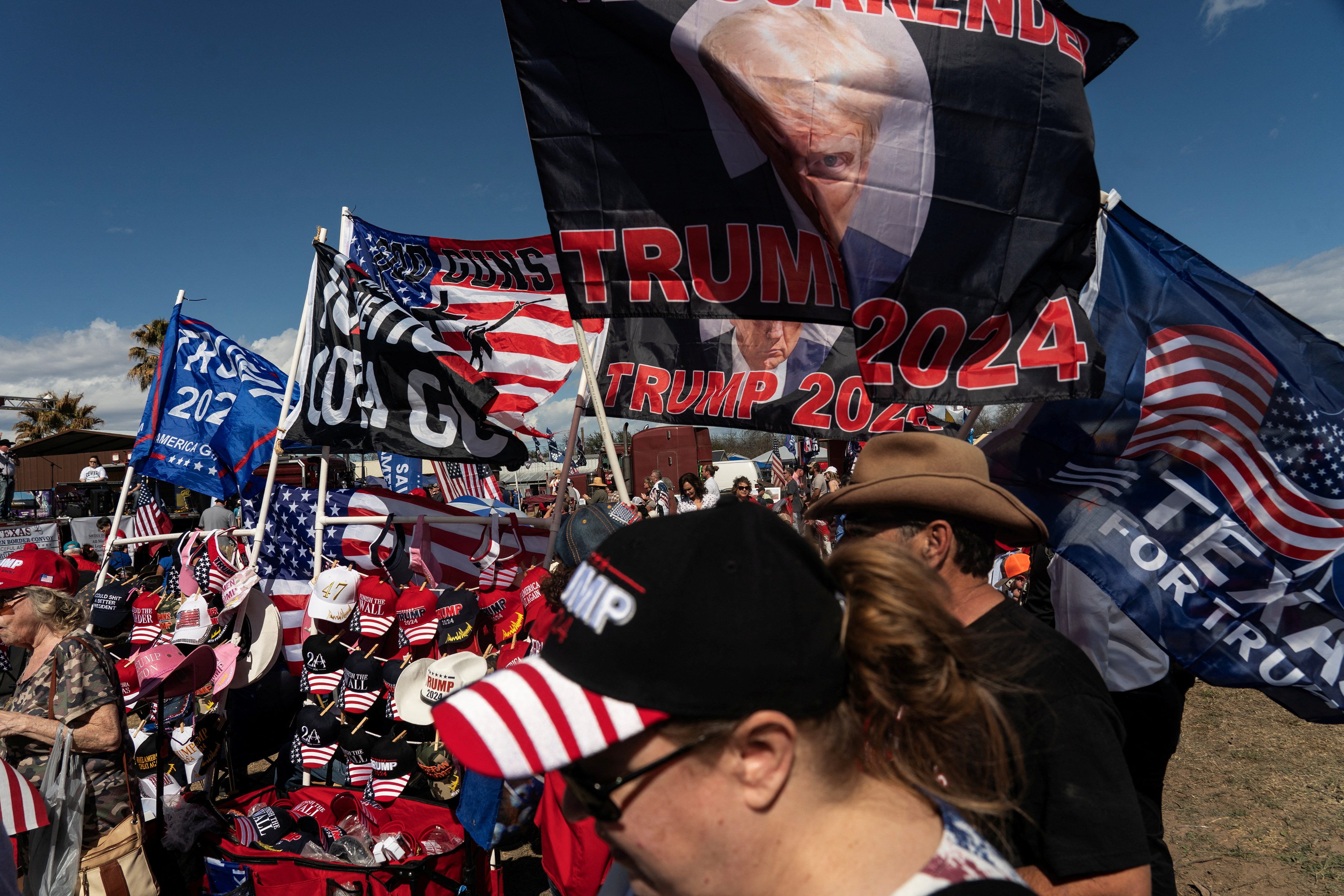Participants of 'Take Back Our Border' trucker convoy rally against migrants crossing from Mexico, gather at Cornerstone Children's Ranch during the event in Quemado, Texas, U.S., February 3, 2024. 