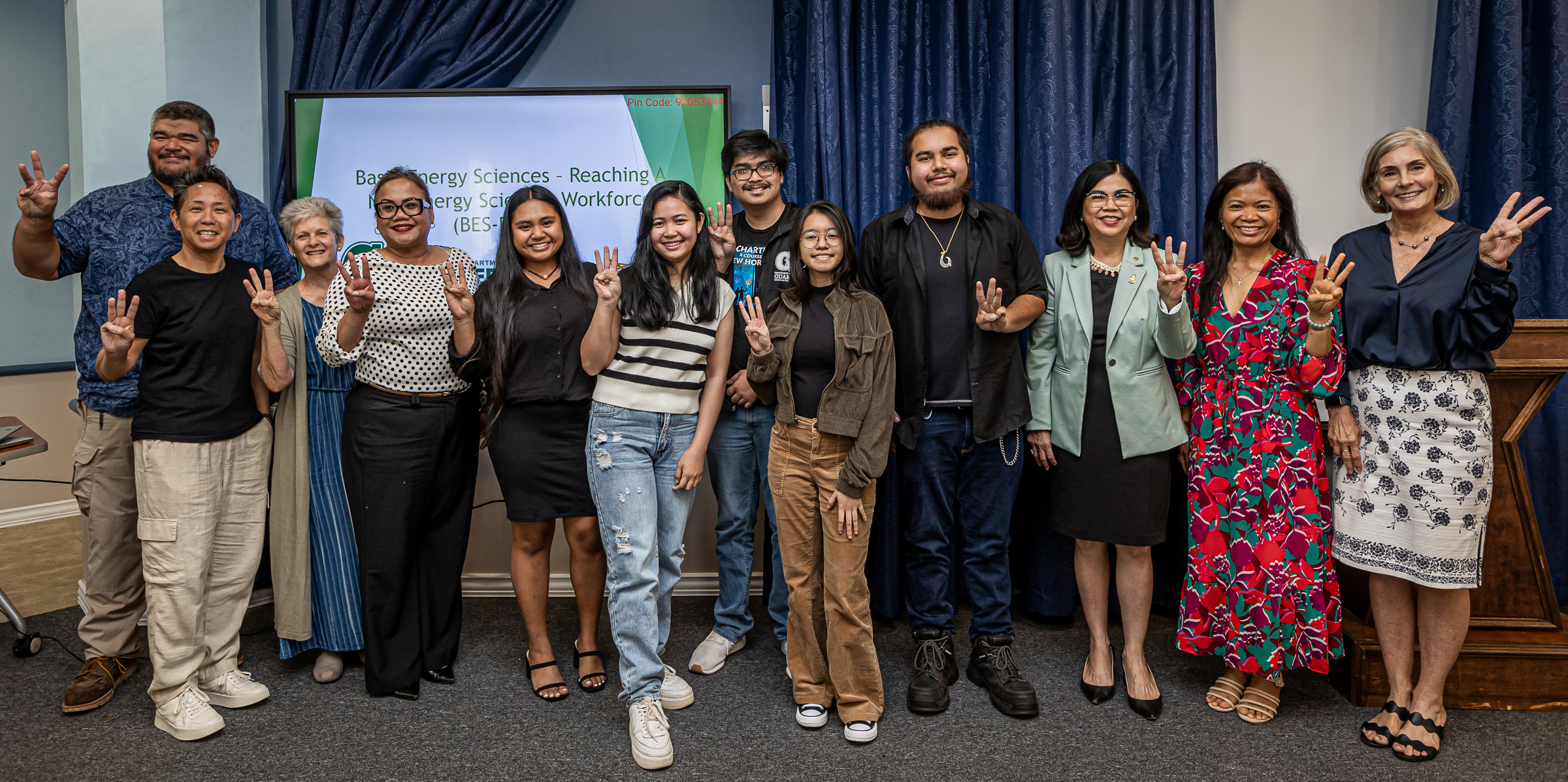 The University of Guam students heading to Pacific Northwest National Laboratory for a summer internship are, fifth from left, Hallie Hainrik, Irish Fontanilla, Tristan Pajela, Cassandra Paule and Brandon Respicio. Joining them are Dr. John Limtiaco, Chemistry Professor; Dr. Cheryl Sangueza, mentor; Olympia Terral, Extension Associate; Senior Vice President and Provost Sharleen Santos Bamba; UOG President Anita Borja Enriquez; Dr. Pamela Peralta, Interim Vice Provost; and Cathleen Moore-Linn, Executive Director of the Research Corporation of the University of Guam.