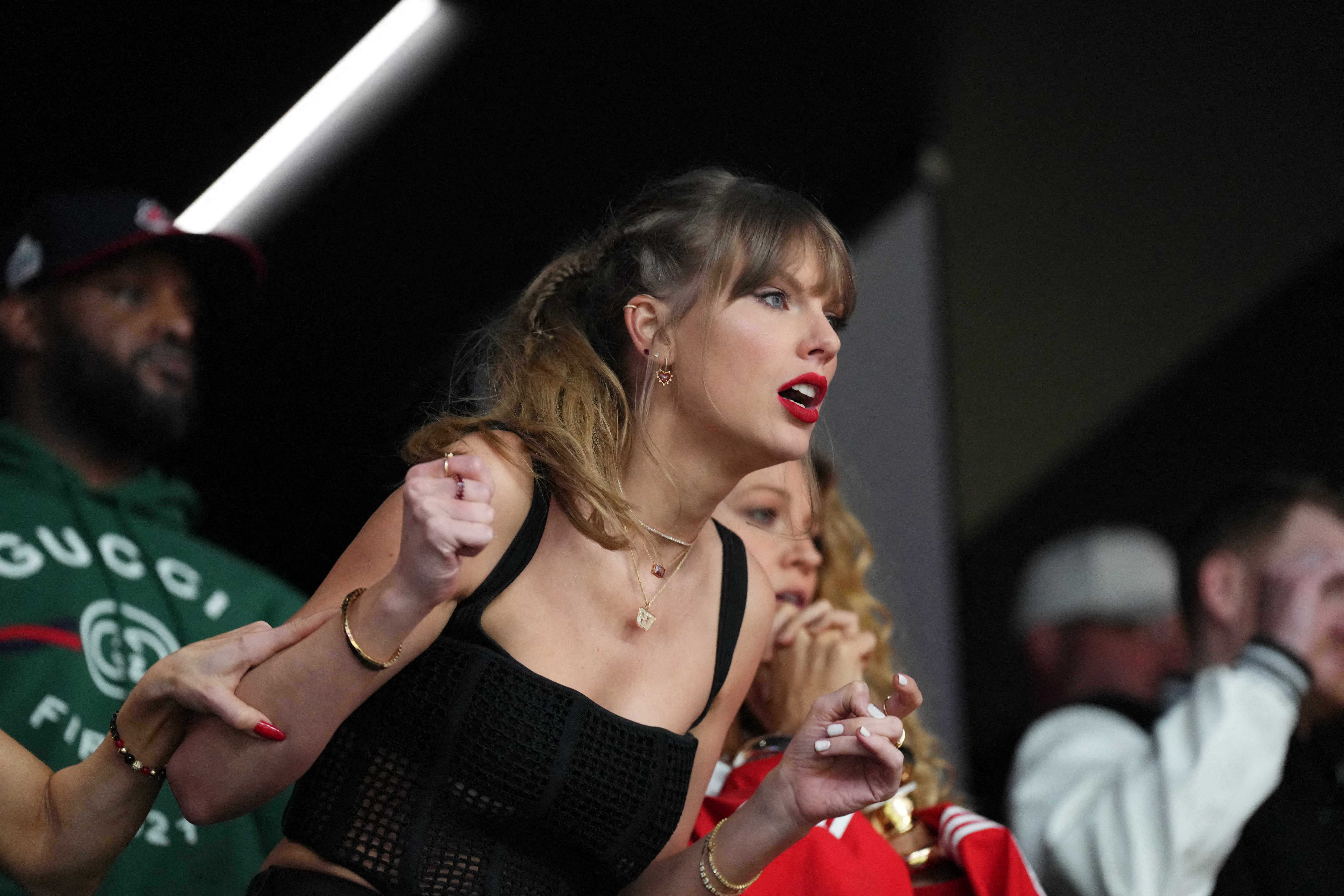 Feb 11, 2024; Paradise, Nevada, USA; Recording artist Taylor Swift reacts during the first quarter between Kansas City Chiefs and San Francisco 49ers of Super Bowl LVIII at Allegiant Stadium. 