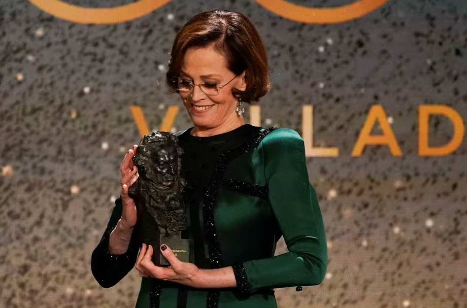 Sigourney Weaver accepts the International Goya Award during the Spanish Film Academy's Goya Awards ceremony in Valladolid, Spain, Feb. 11, 2024.