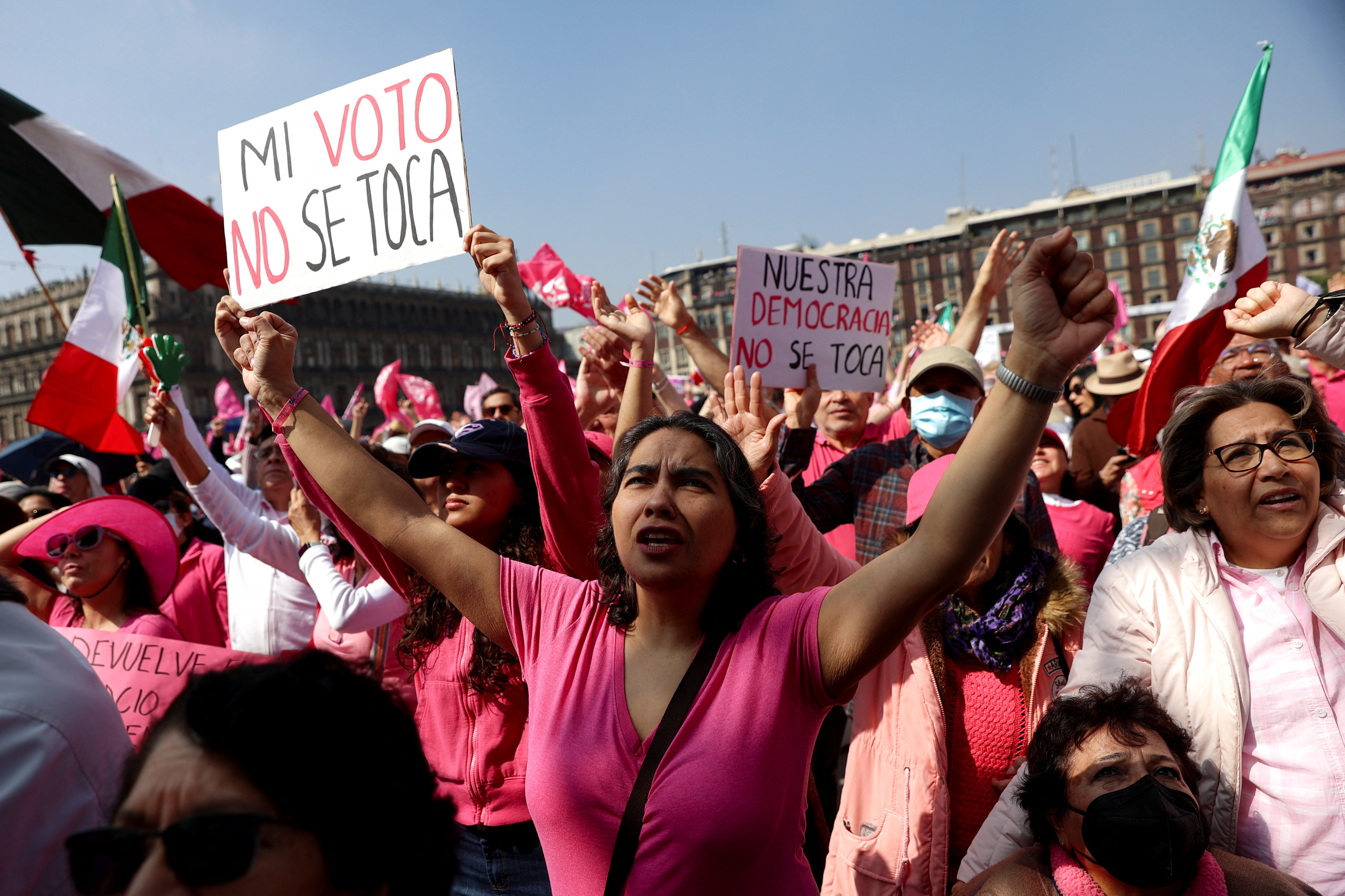 A demonstrator gestures as Mexican opposition groups march against government of Mexico's President Andres Manuel Lopez Obrador calling to 'defend democracy', in Mexico City, Mexico, February 18, 2024. 