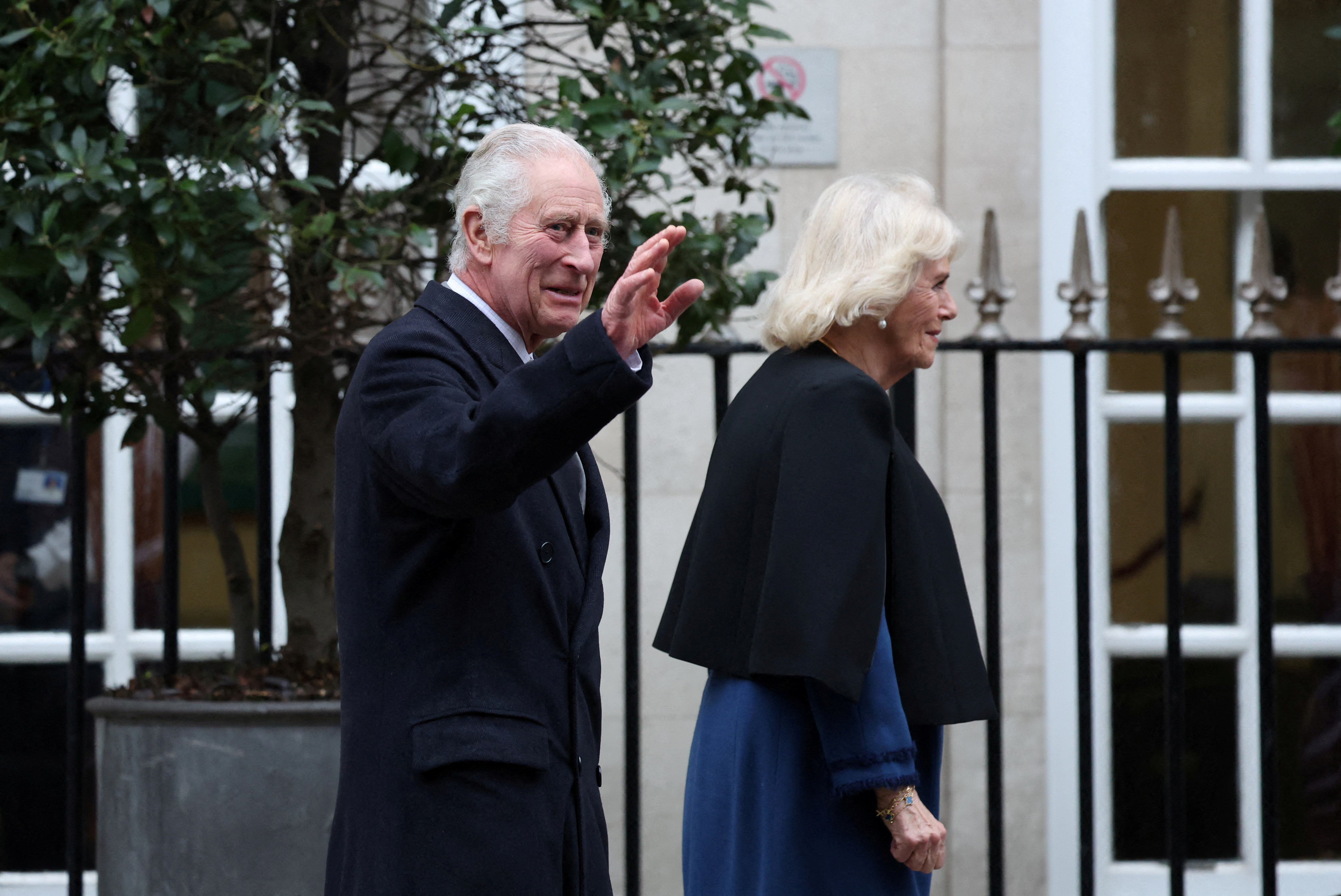Britain's King Charles leaves the London Clinic with Britain's Queen Camilla after receiving treatment for an enlarged prostate in London, Britain January 29, 2024. 