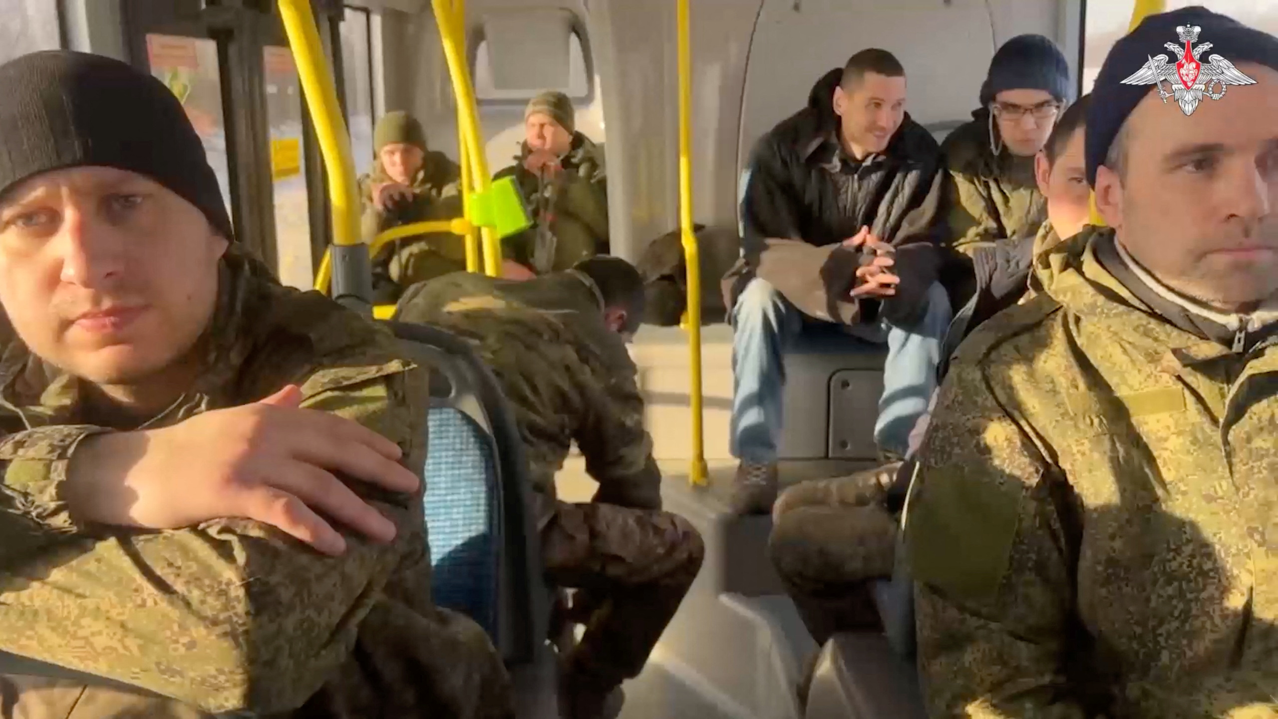 A still image from video, released by the Russian Defense Ministry, shows what it said to be captured Russian service personnel in a bus following the latest exchange of prisoners of war at an unknown location in the course of Russia-Ukraine conflict, in this image taken from handout footage released January 31, 2024.