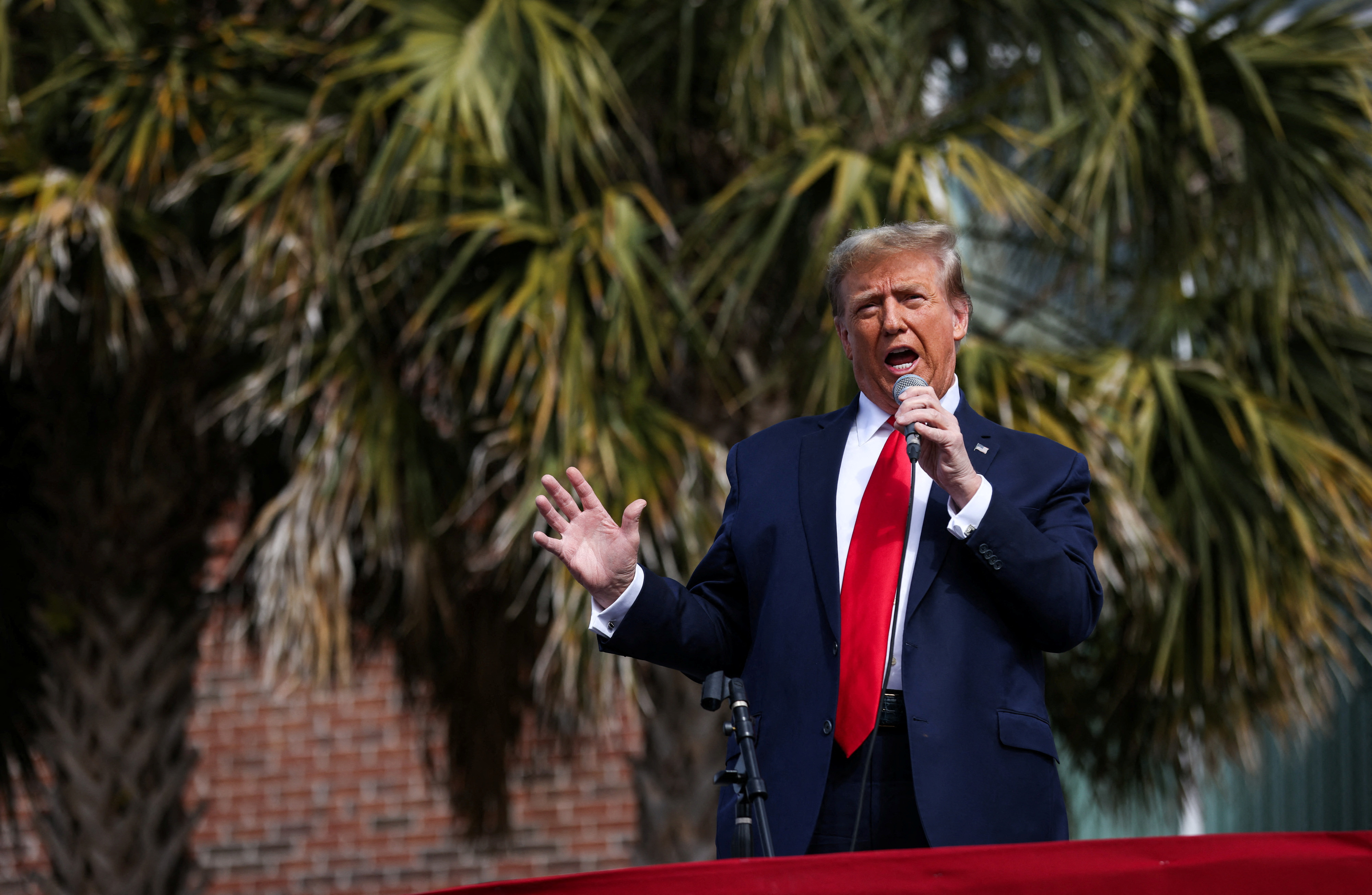 Republican presidential candidate and former U.S. President Donald Trump speaks as he holds a campaign rally at Coastal Carolina University ahead of the South Carolina Republican presidential primary in Conway, South Carolina, U.S., February 10, 2024. 