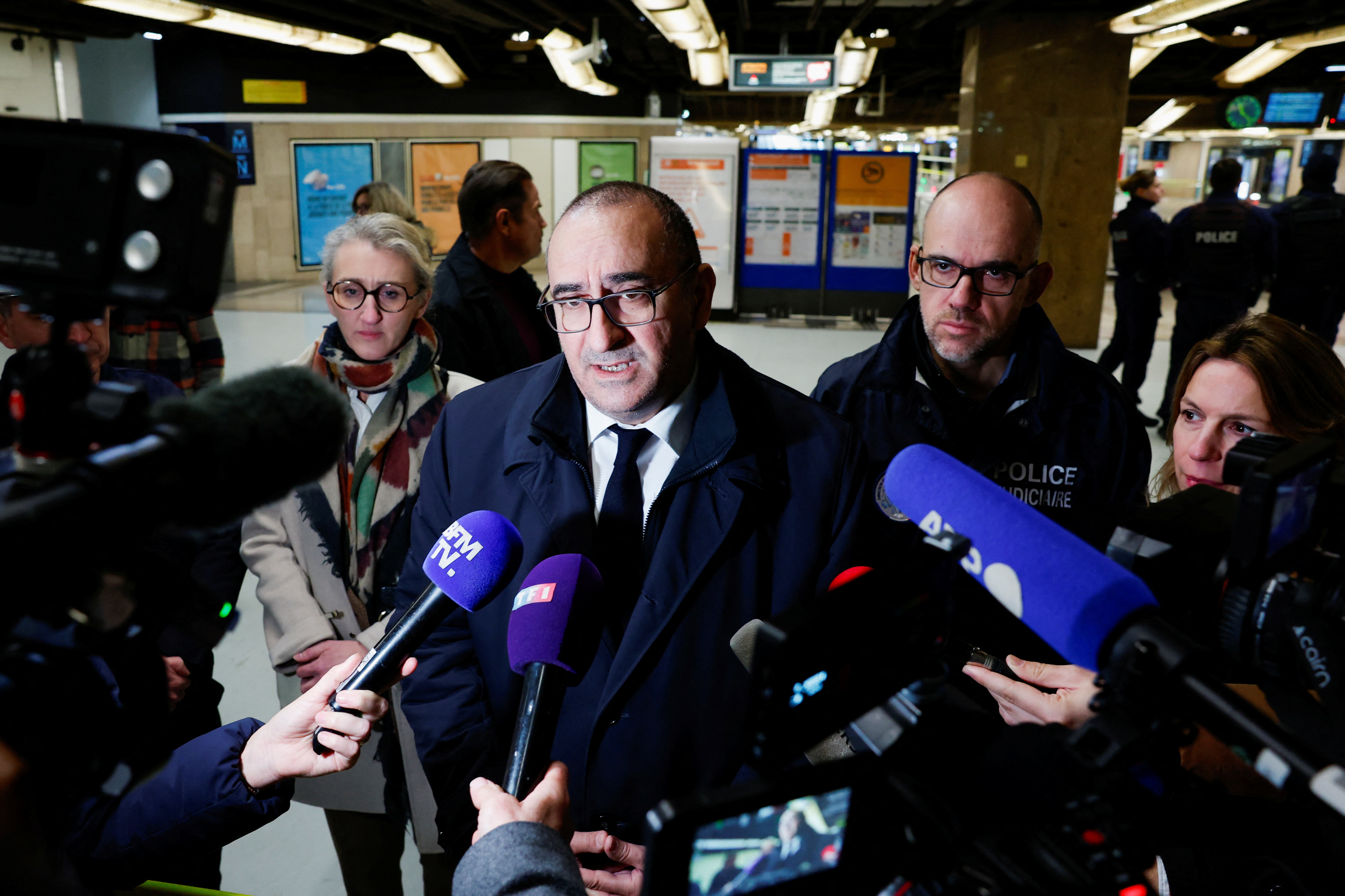Paris Police Prefect Laurent Nunez speaks with members of the media after a man with a knife wounded several people at the Gare de Lyon rail station in Paris, France, February 3, 2024. 