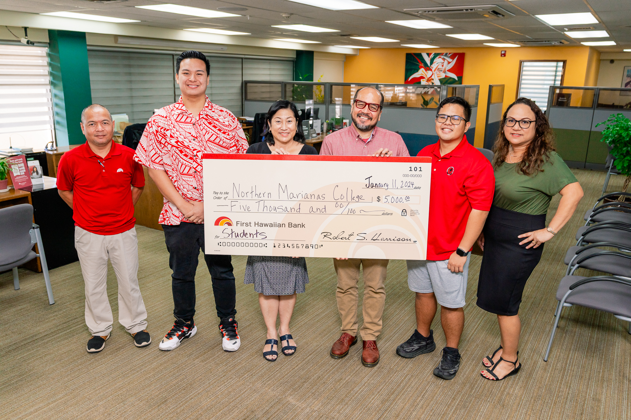 First Hawaiian Bank recently donated $5,000 to the Northern Marianas College Foundation in support of its upcoming Golf Open at the LaoLao Bay Golf and Resort. In the photo are Northern Marianas College President Galvin Deleon Guerrero, Ed.D., First Hawaiian Bank Vice President and Area Manager Vickie Izuka, and FHB and NMC representatives.